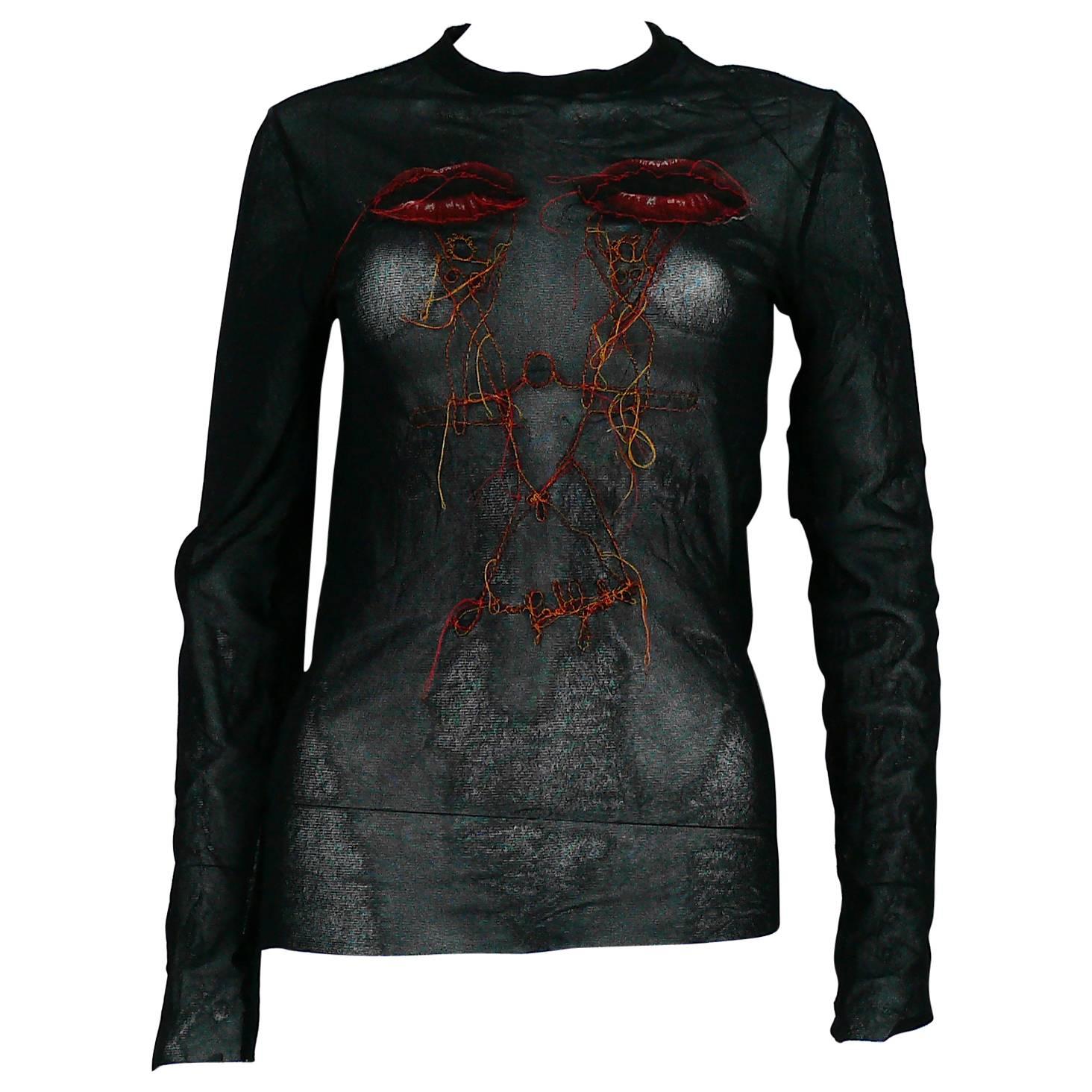 Jean Paul Gaultier Men Vintage Mesh Top with Mouth Appliques Size M