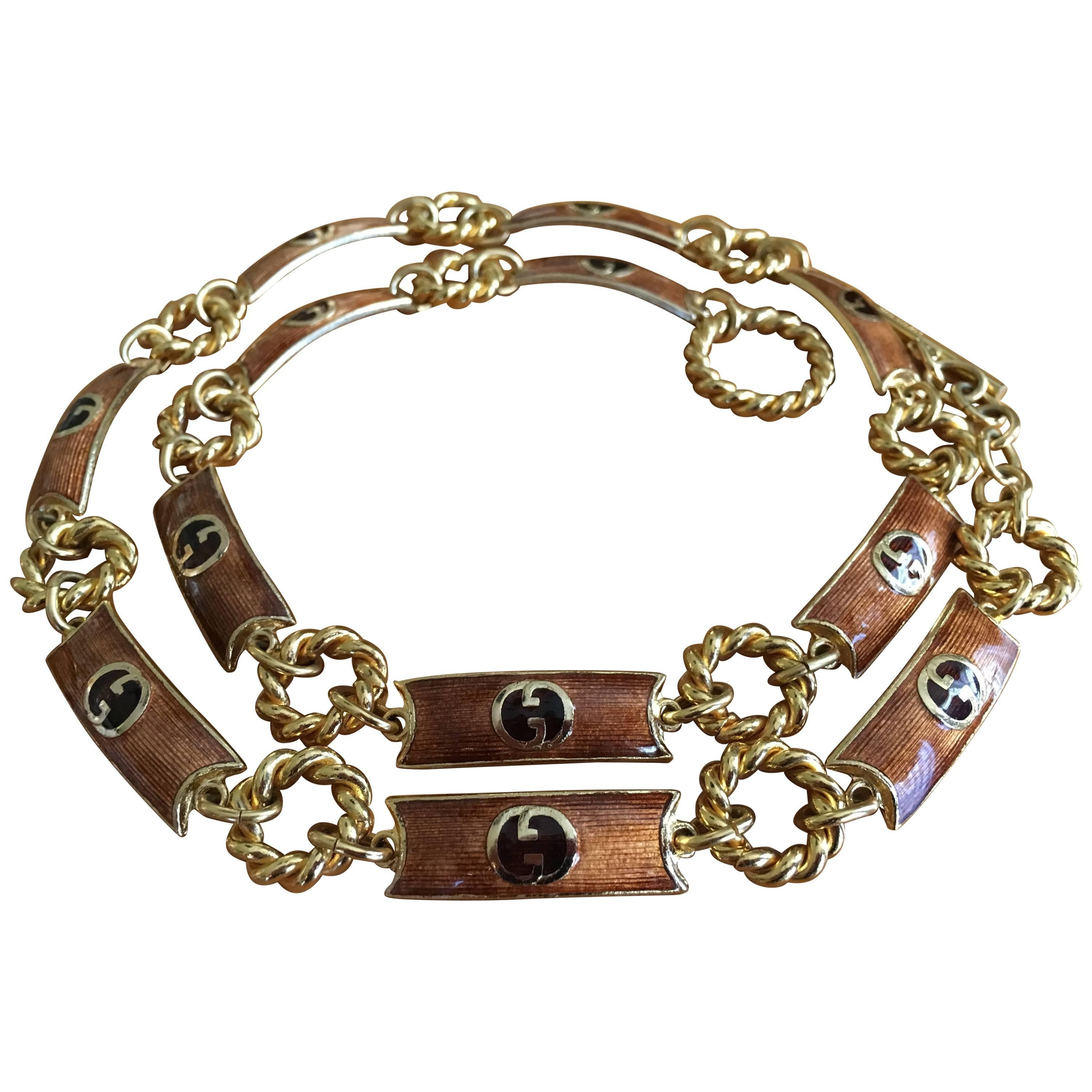 Gucci Vintage 70's Gold Enamel Link Belt For Sale