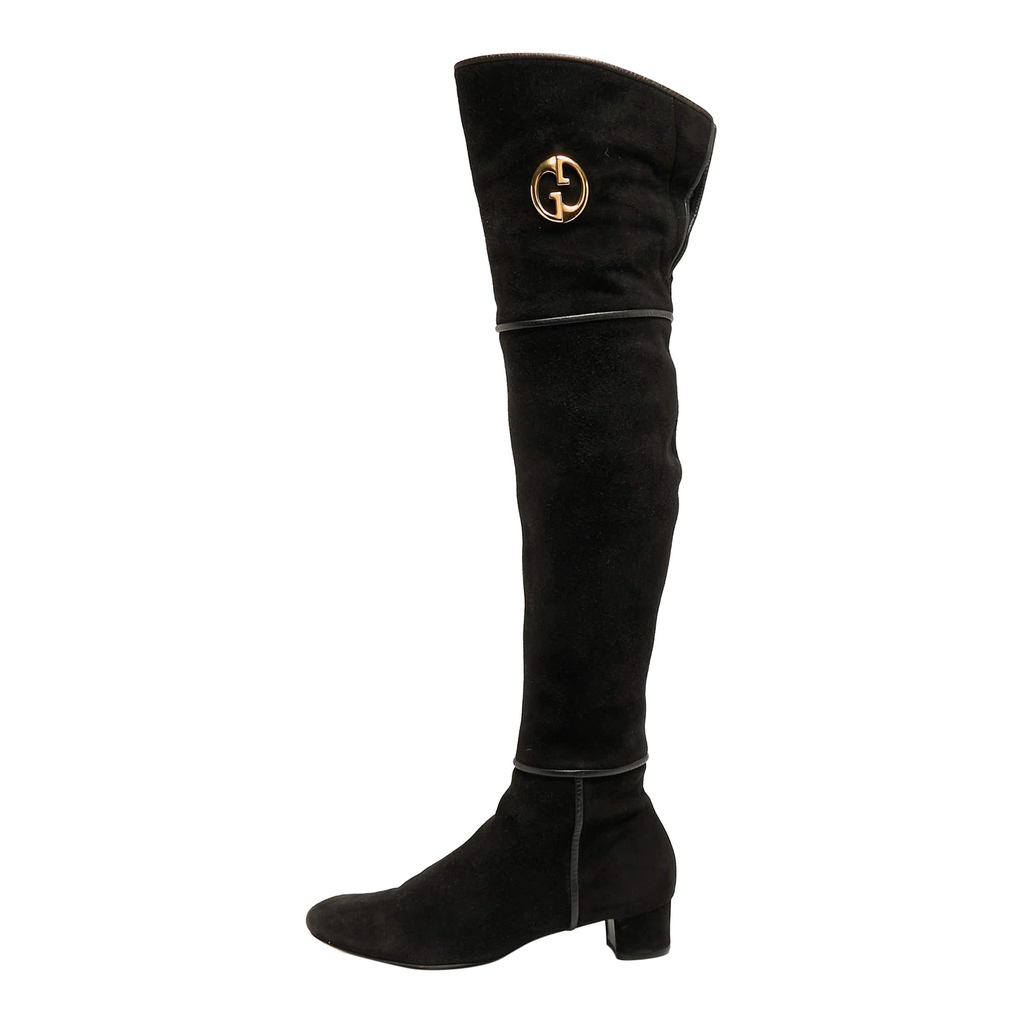 Gucci Black Suede Knee Length Boots Size 38.5 For Sale