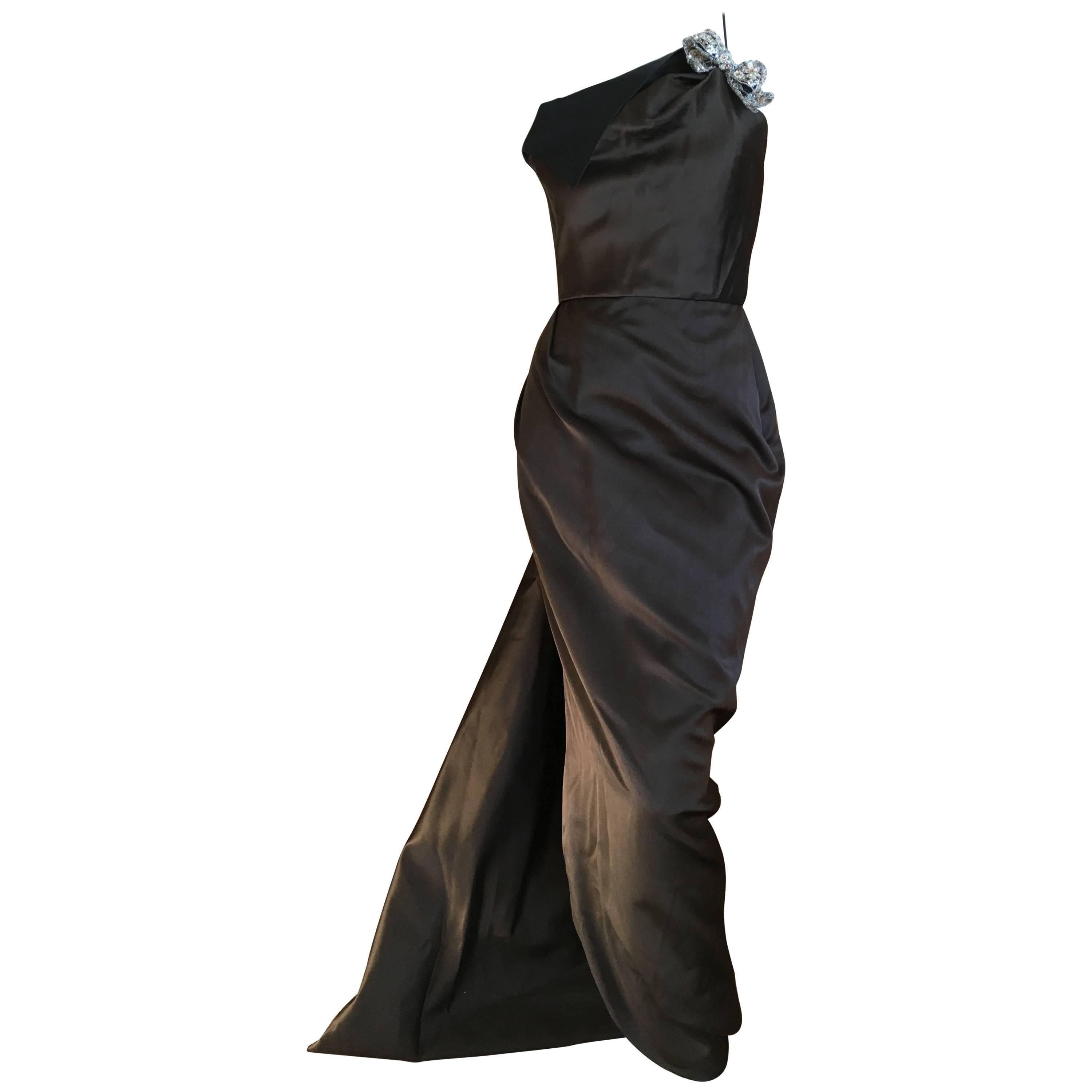 Oscar de la Renta Sweeping Silk Evening Dress in Brown and Navy For Sale