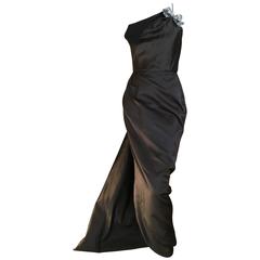 Oscar de la Renta Sweeping Silk Evening Dress in Brown and Navy