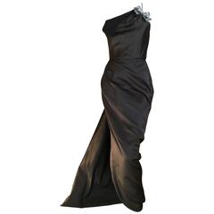 Oscar de la Renta Sweeping Silk Evening Dress in Brown and Navy 6