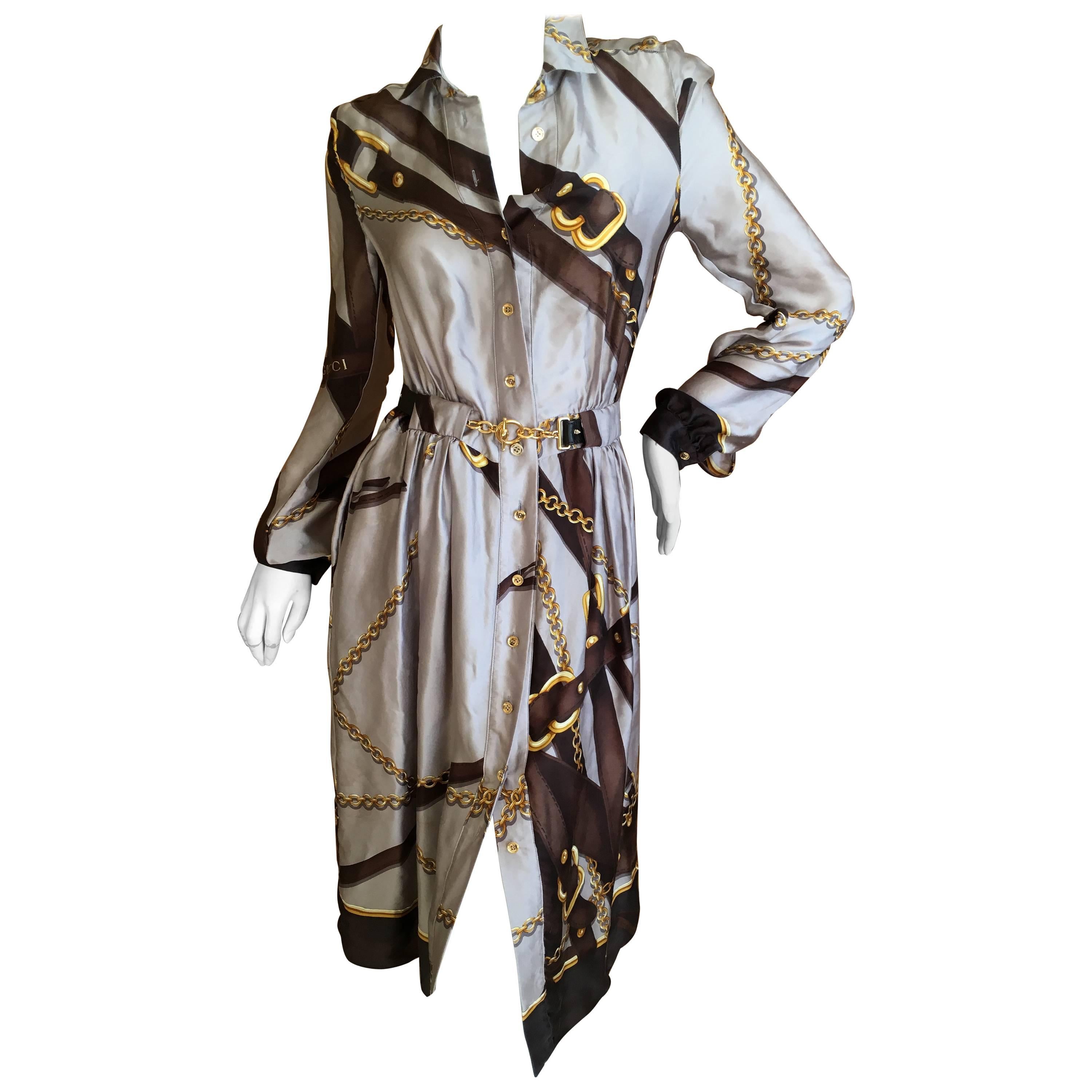Gucci Silk Scarf Print Equestrian Theme Dress with Gold Chain Belt For Sale