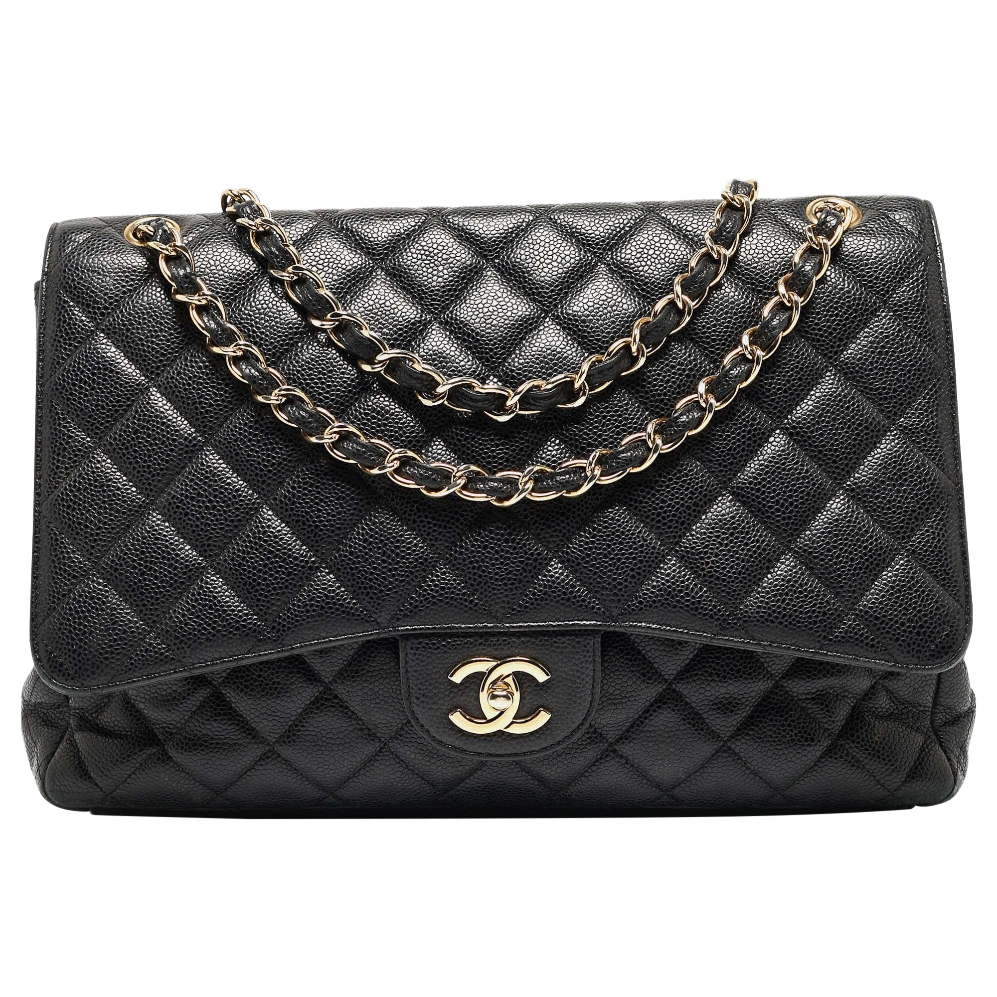 Chanel Black Quilted Caviar Leather Maxi Classic Single Flap Bag For Sale