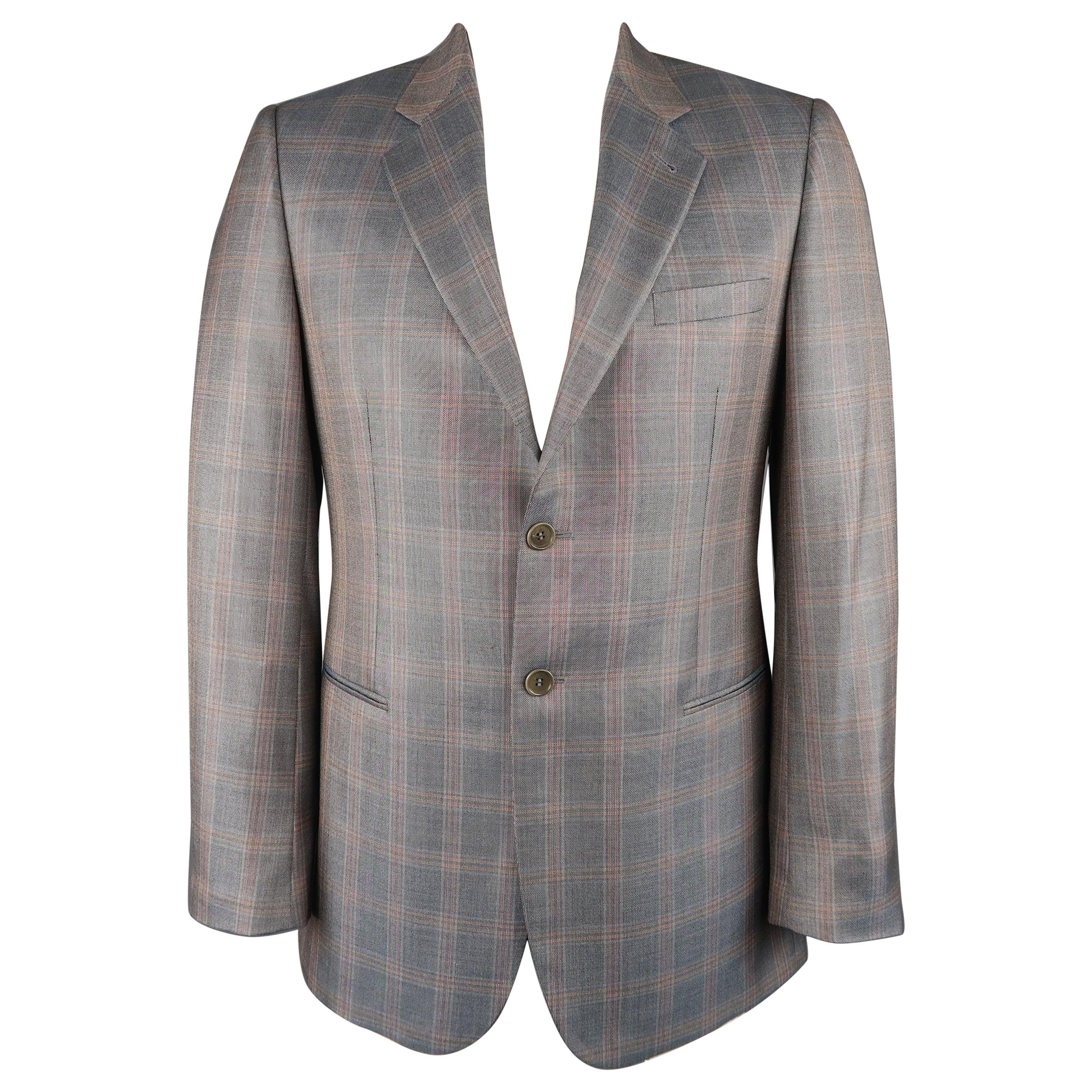 GIORGIO ARMANI 42 Long Grey & Orange Window Pane Wool / Silk Sport Coat For Sale