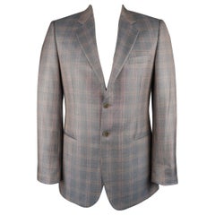 Used GIORGIO ARMANI 42 Long Grey & Orange Window Pane Wool / Silk Sport Coat