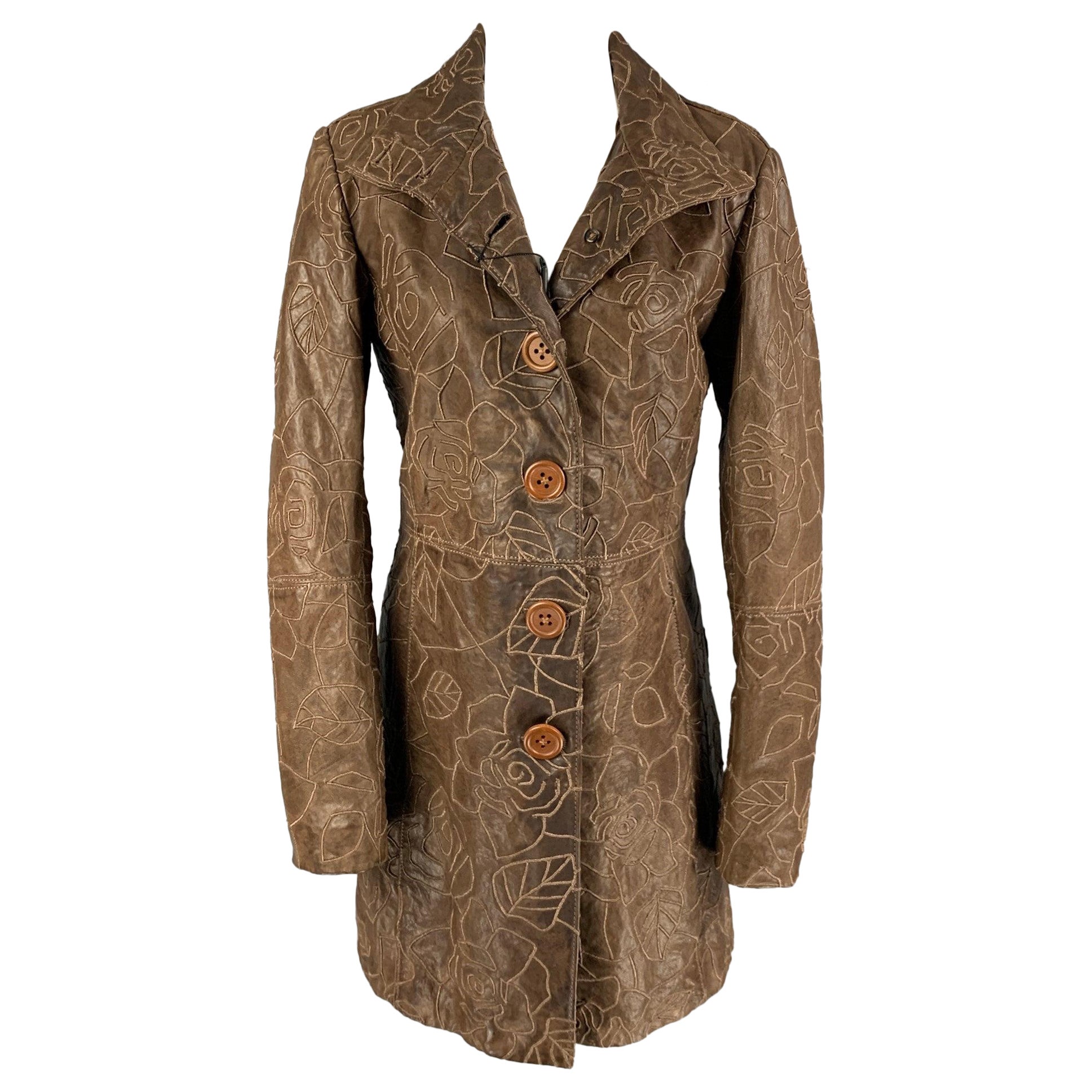 EMPORIO ARMANI Size 8 Brown Embroidered Single Breasted Coat For Sale