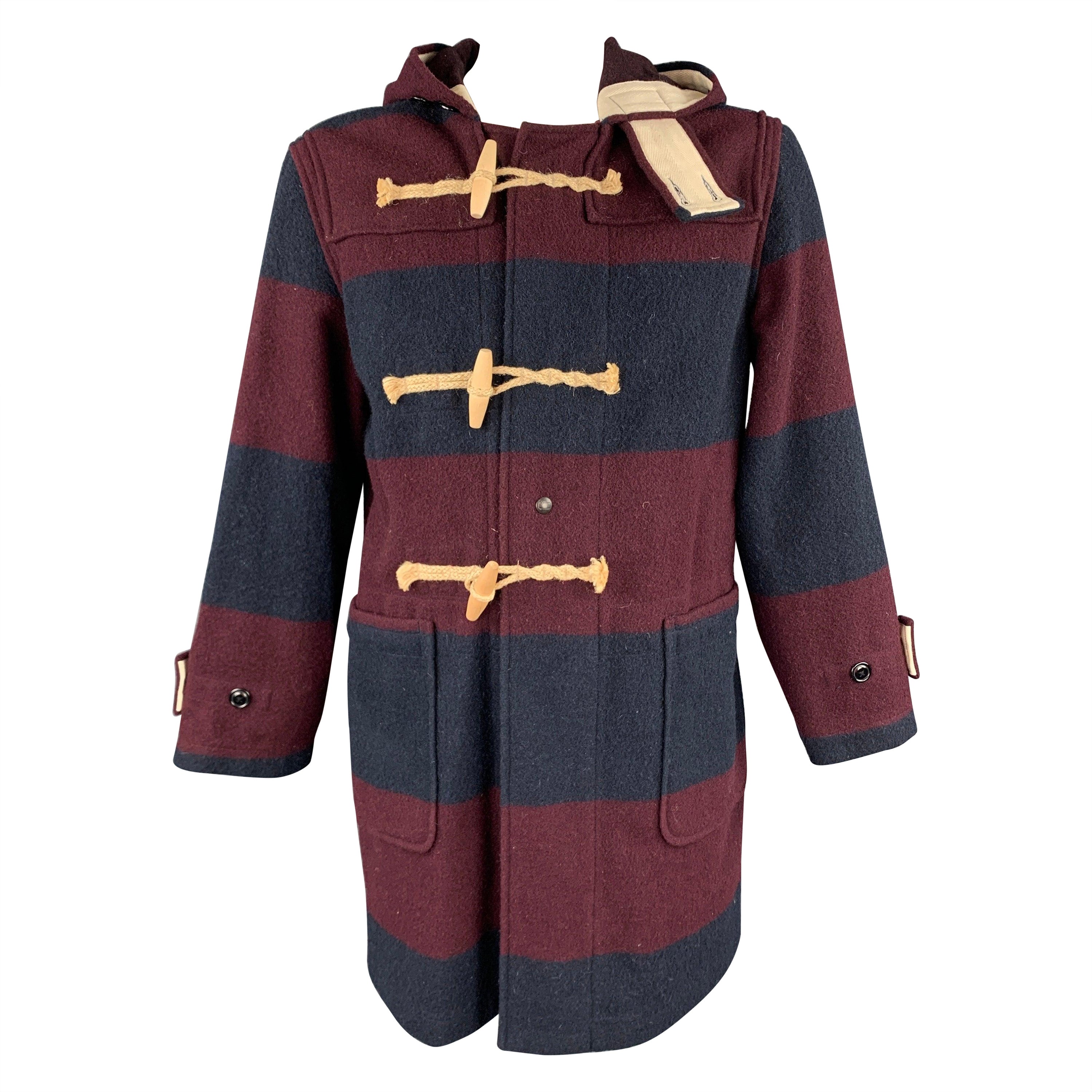 WOOLRICH Size M Burgundy & Navy Stripe Wool / Nylon Hooded Coat For Sale