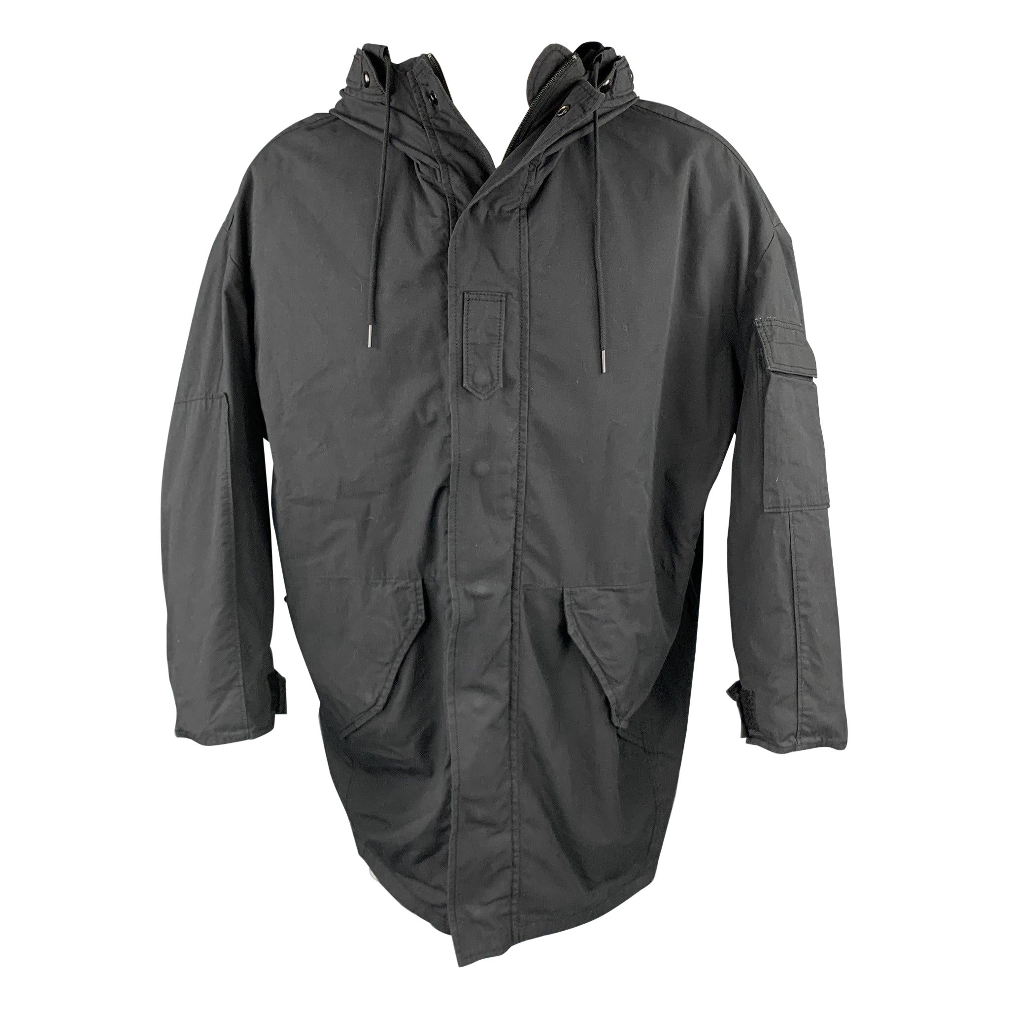 R13 Size XS Black Cotton / Nylon Zip & Snaps Oversized Hooded Coat For Sale