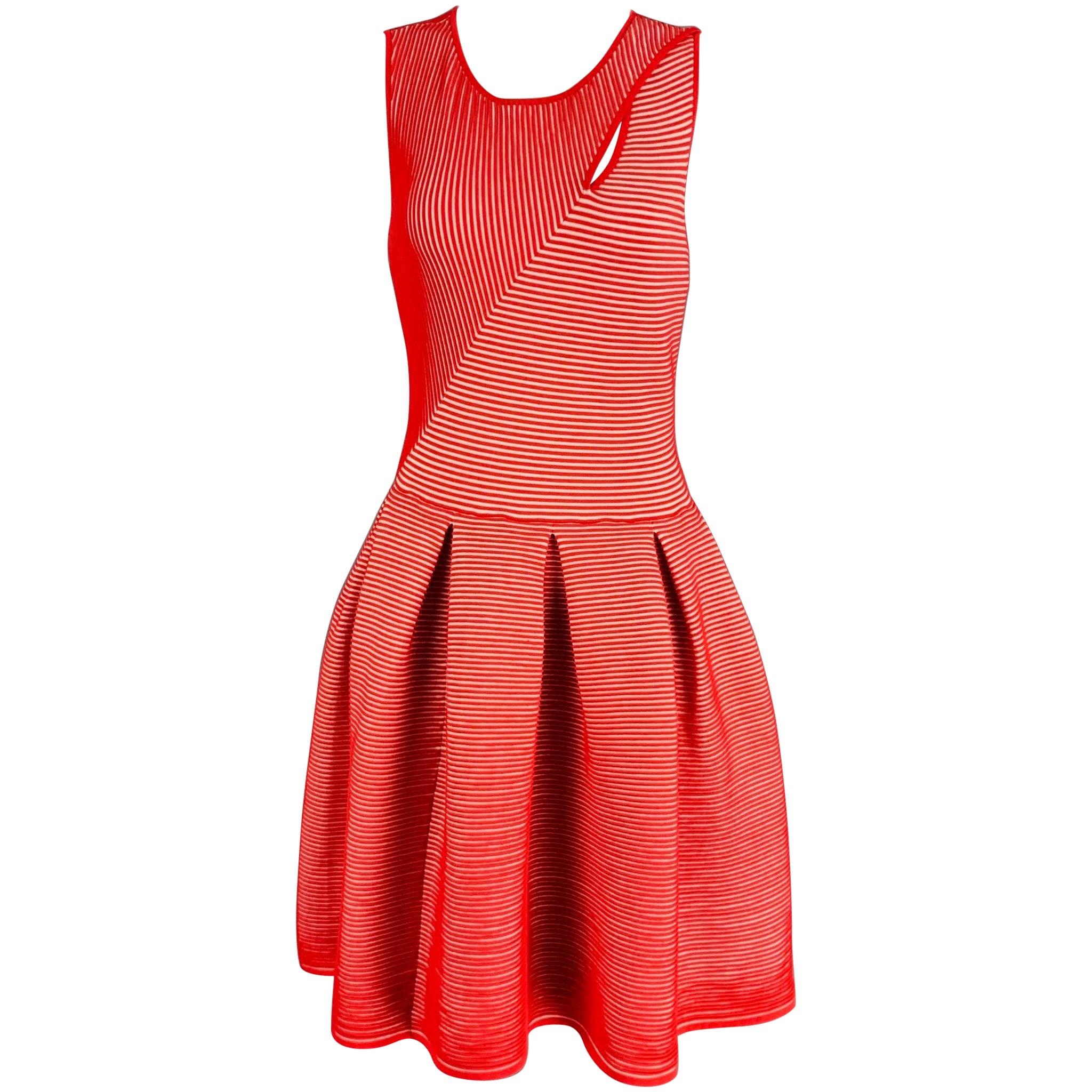 EMPORIO ARMANI Size 6 Red White Viscose Blend Stripe Pleated Dress For Sale