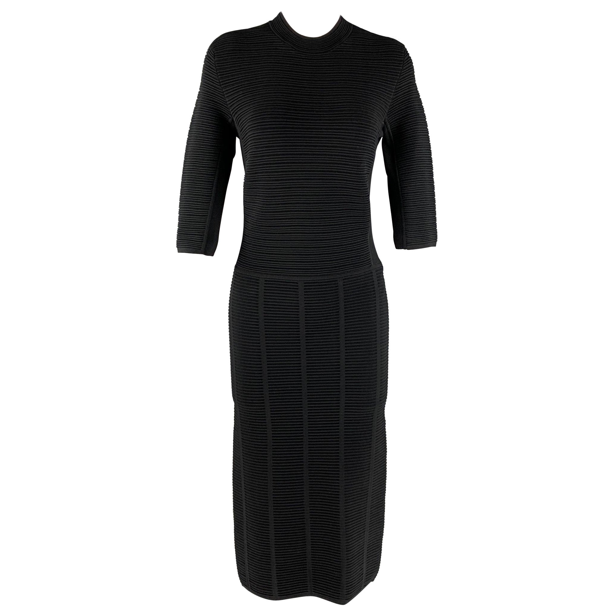 EMPORIO ARMANI Size 6 Black Ribbed 3/4 Sleeves Mid-Calf Dress For Sale
