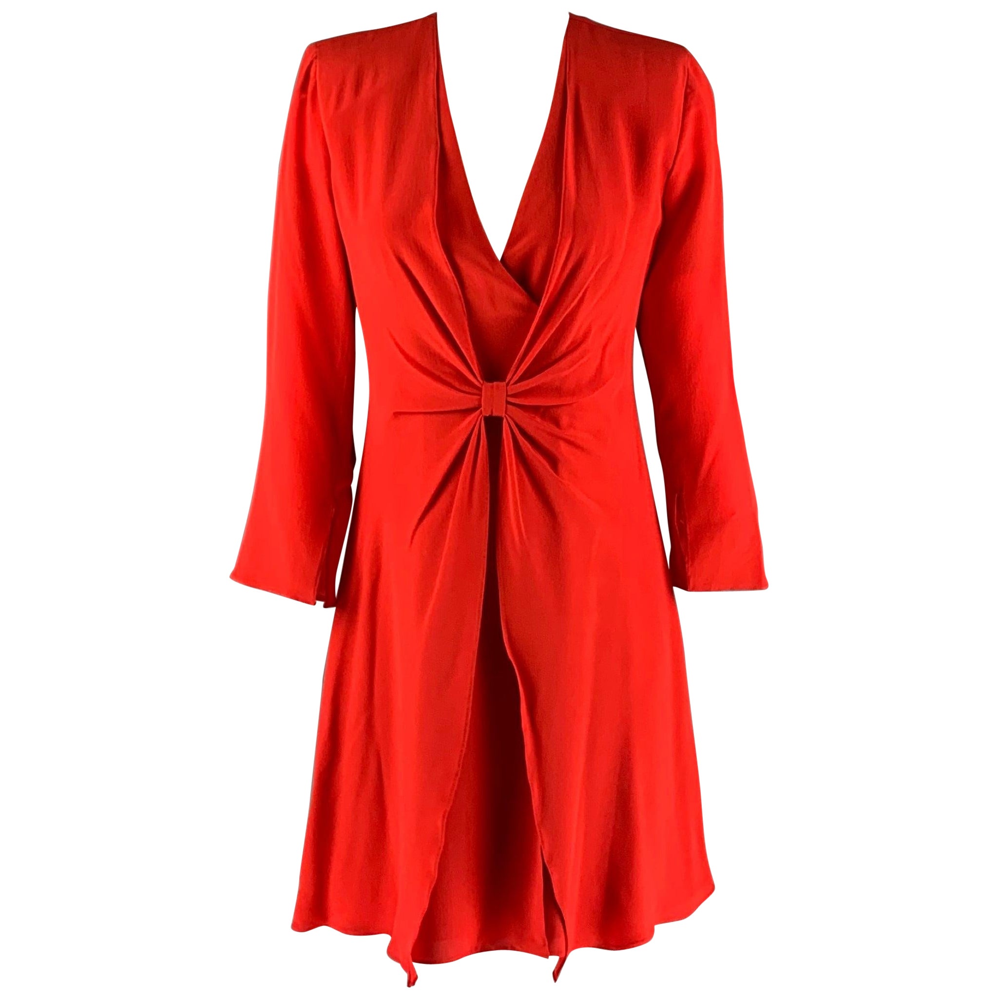 EMPORIO ARMANI Size 4 Red Silk V Neck Knee Length Dress For Sale
