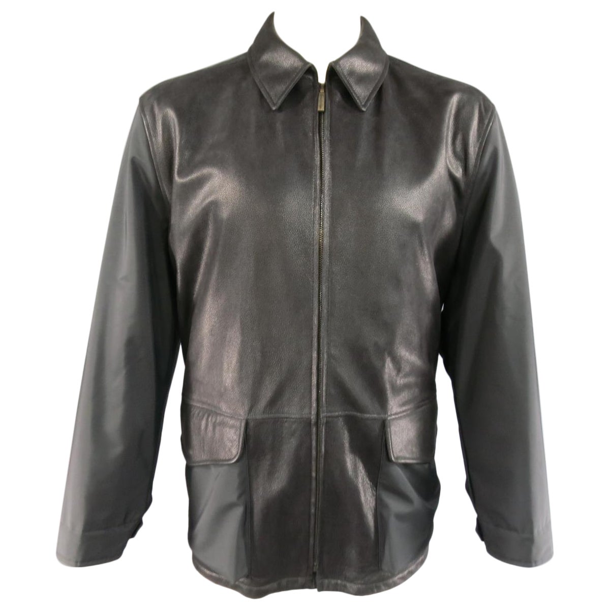 ERMENEGILDO ZEGNA 42 Black Pebbled Leather & Nylon Collared Coat For Sale