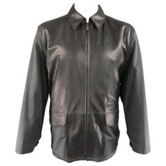 ERMENEGILDO ZEGNA 42 Black Pebbled Leather & Nylon Collared Coat