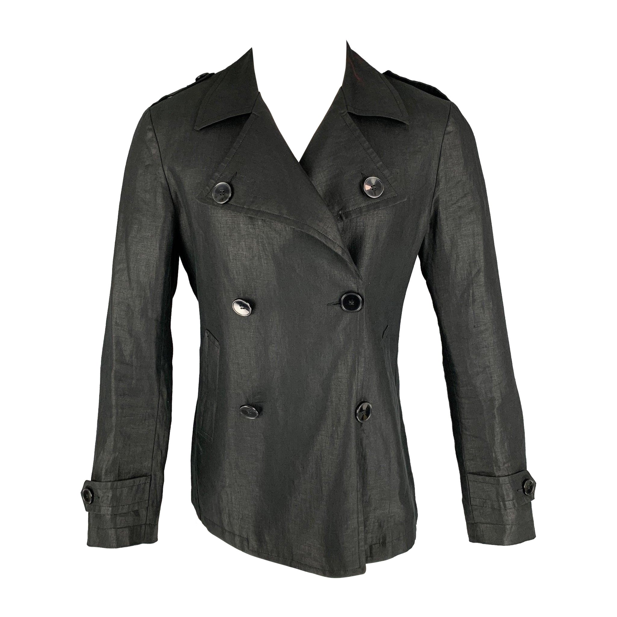 EMANUEL UNGARO Size 38 Black Solid Linen Peacoat Coat For Sale