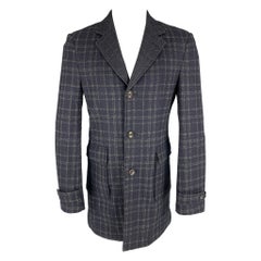 SAKS FIFTH AVENUE Size 40 Navy Grey Plaid Wool Blend Coat