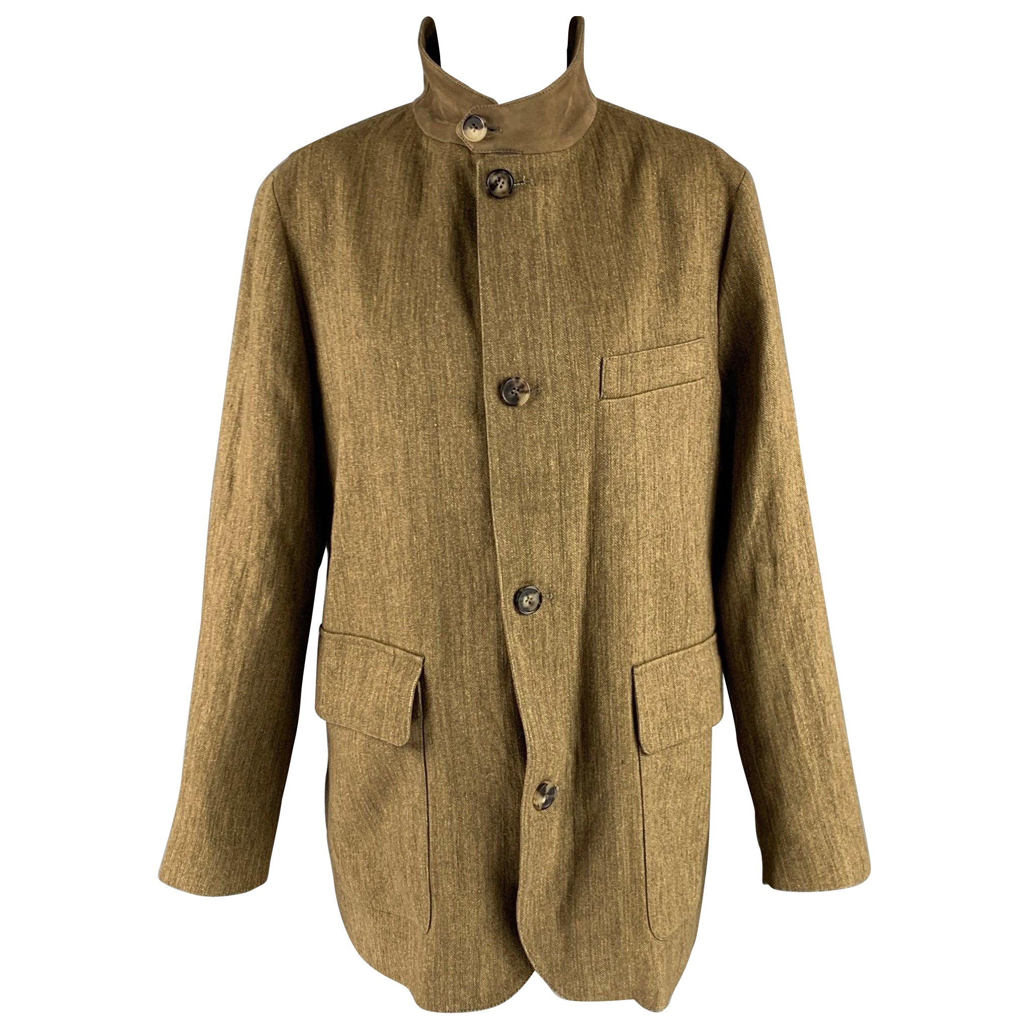 LORO PIANA Taille S Manteau zippé à chevrons en lin olive marron