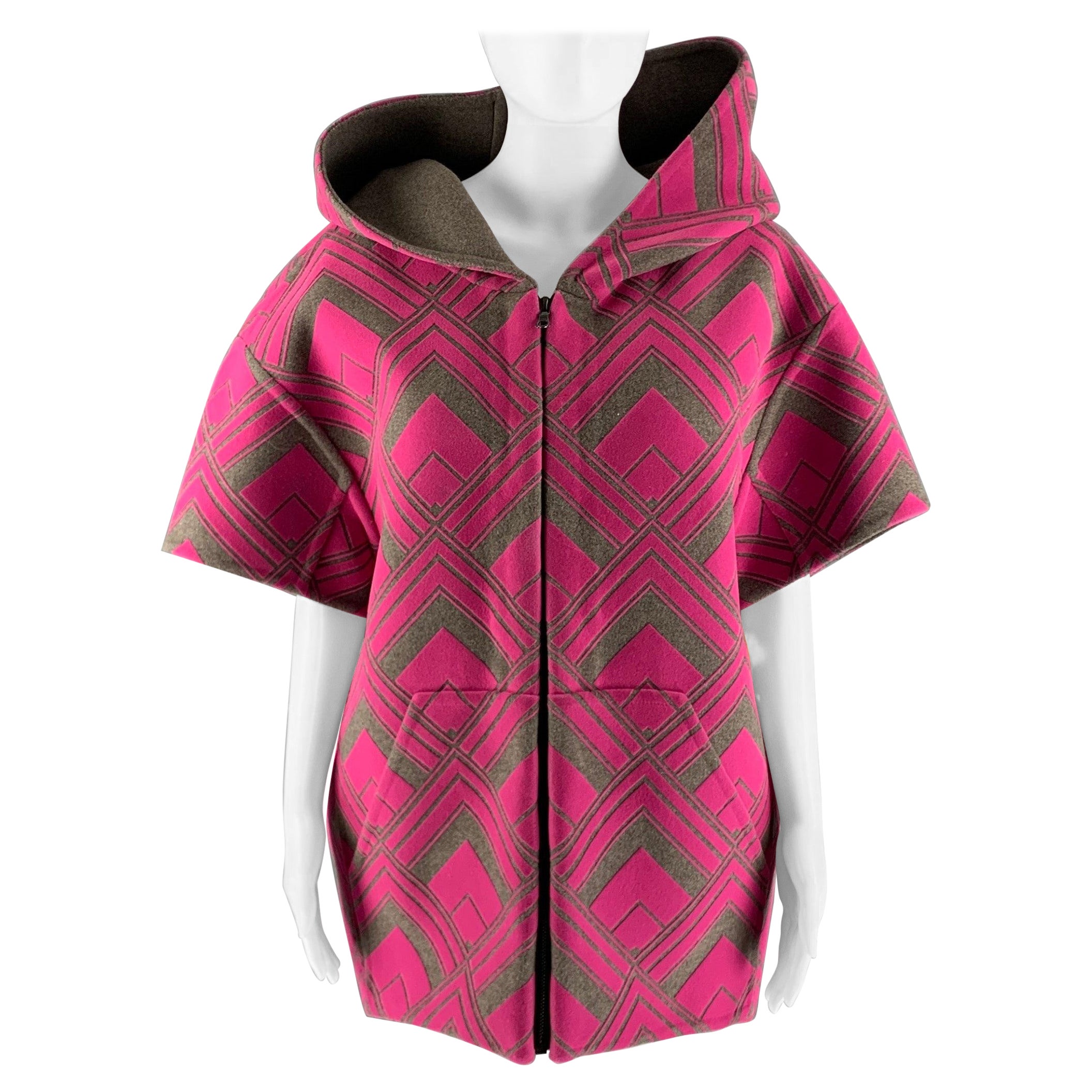 MARC JACOBS Größe XS Rosa Taupefarbener Kurzarm-Mantel mit Grafiken aus Wolle im Angebot