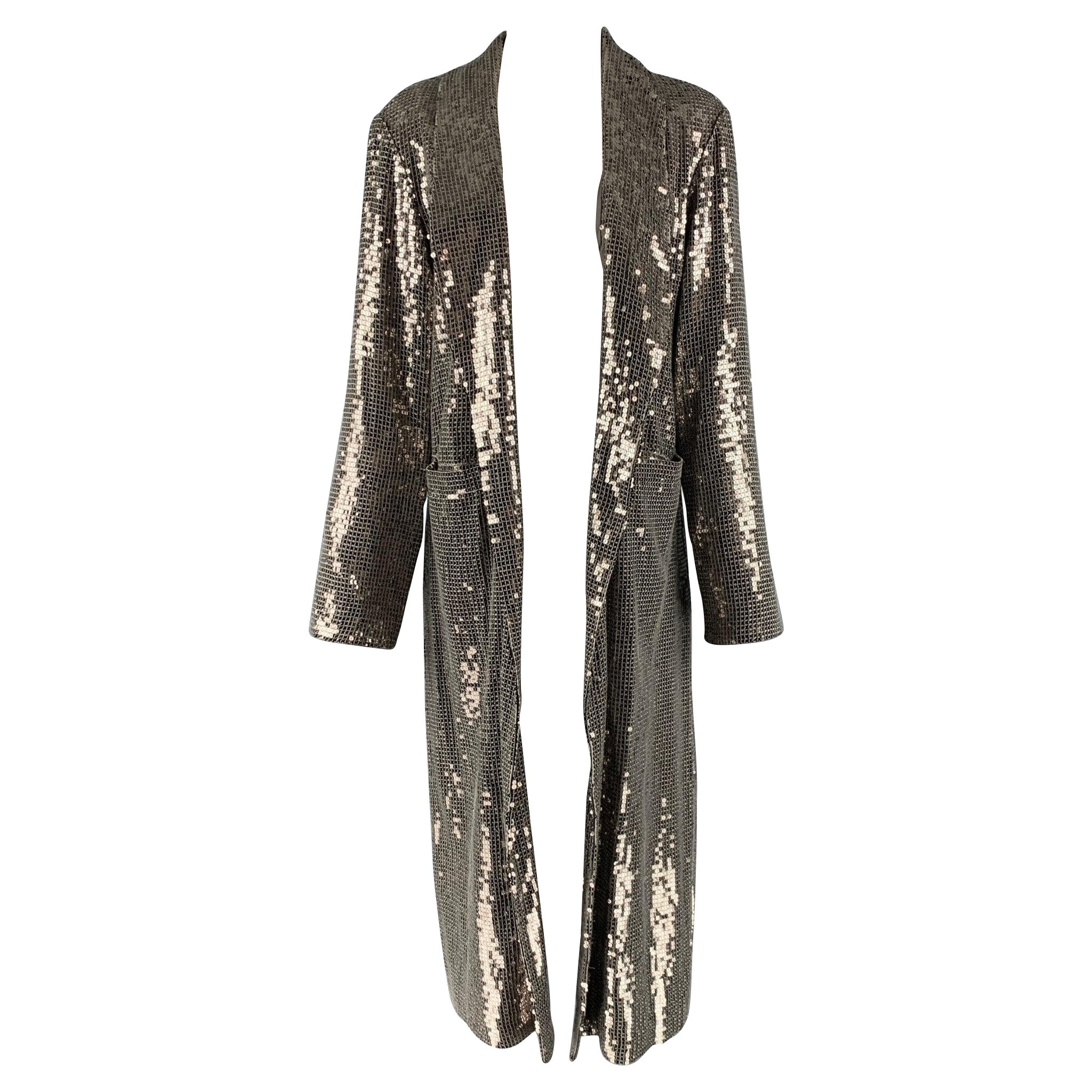 ALICE + OLIVIA Size S Silver Viscose Sequined Open Front Coat For Sale