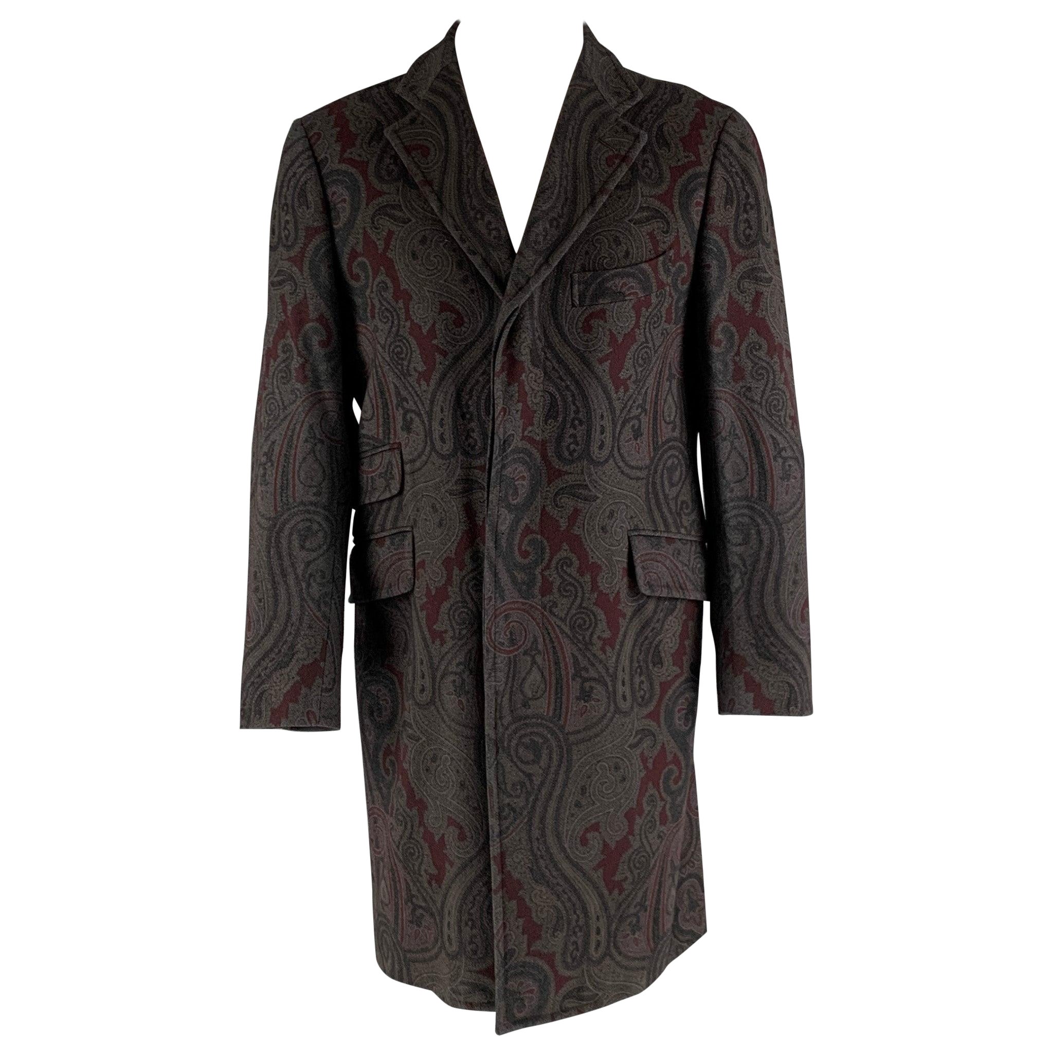 ETRO Size 40 Grey Burgundy Paisley Wool Polyamide Coat For Sale