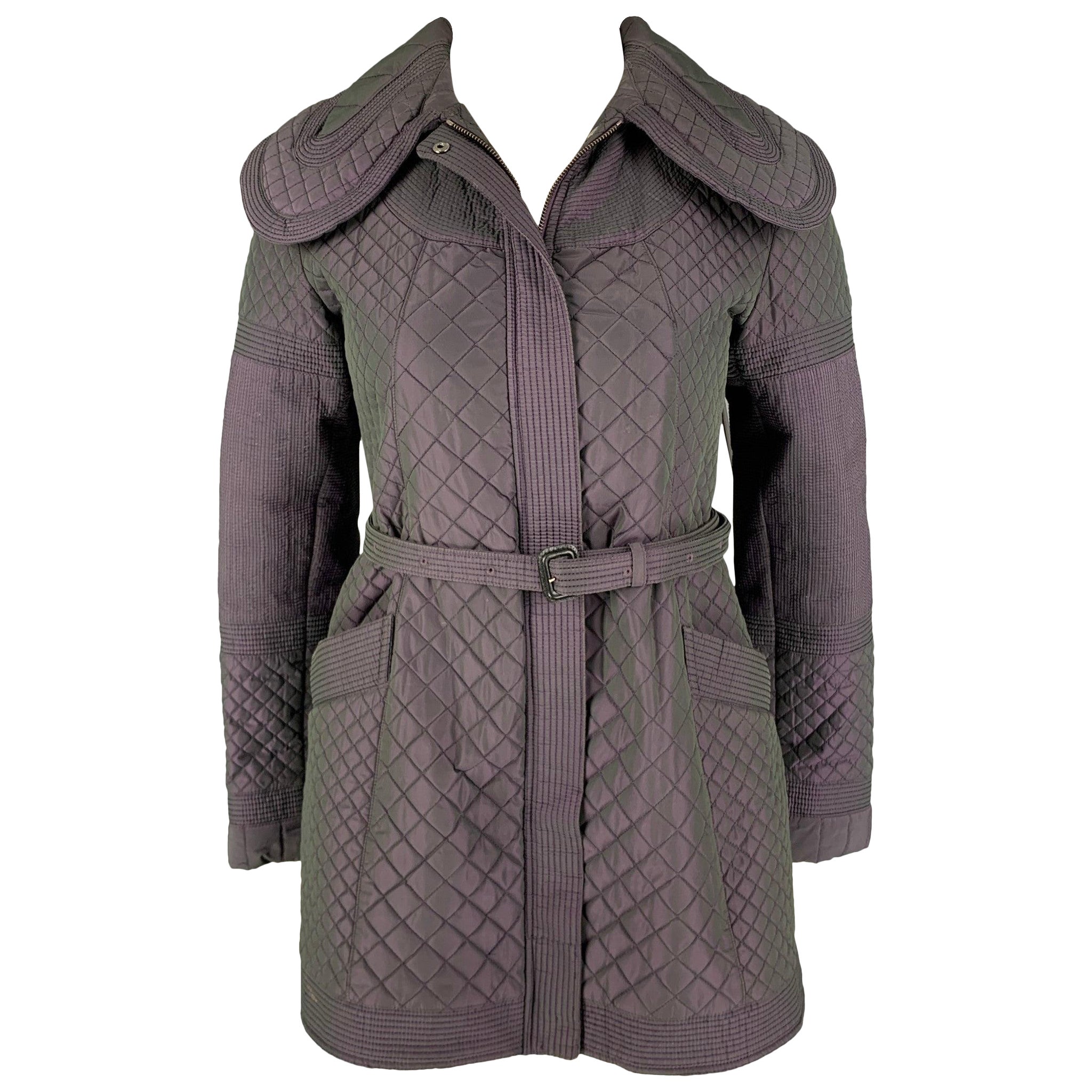 BURBERRY LONDON Size 12 Purple Polyester Quilted Zip & Snaps Coat For Sale