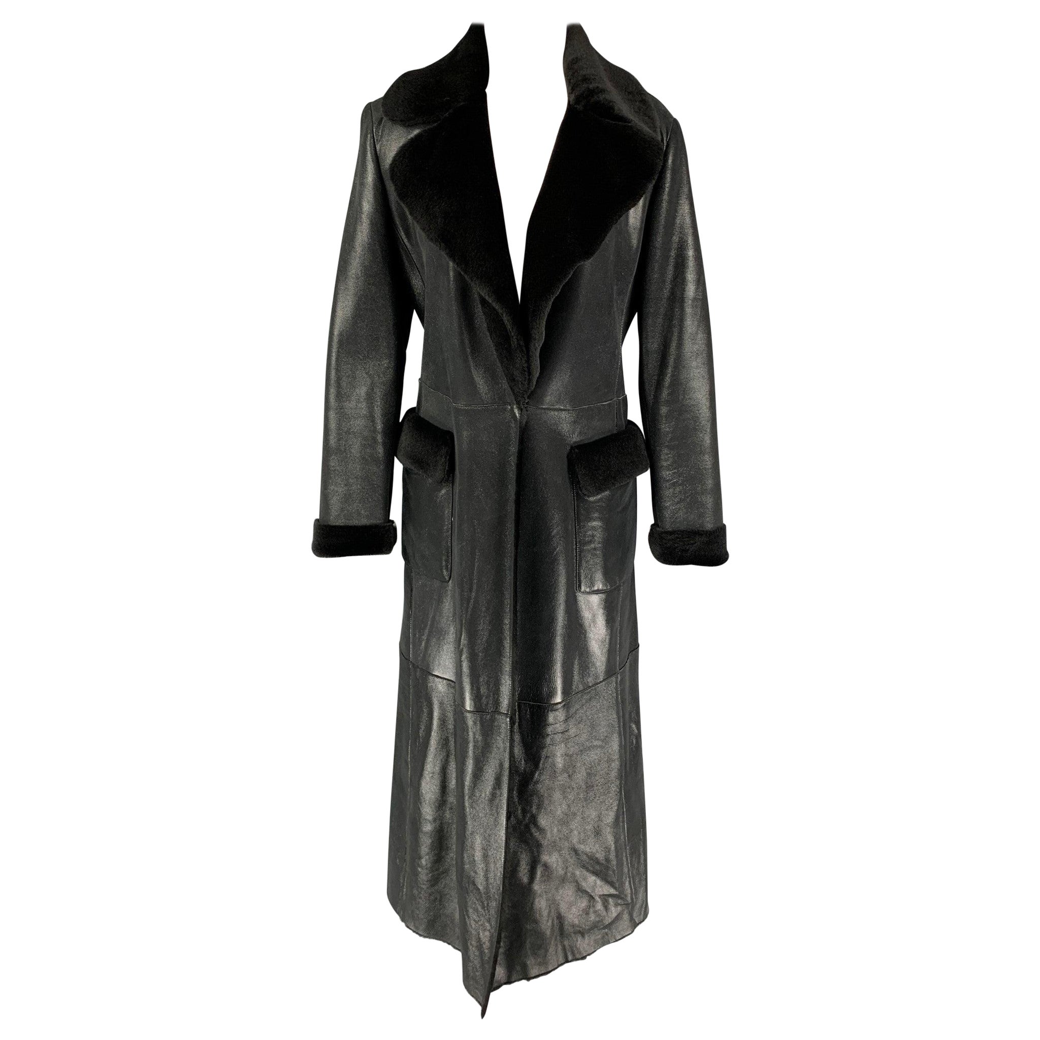 VALENTINO Size 10 Black Shiny Lamb Shearling Coat For Sale
