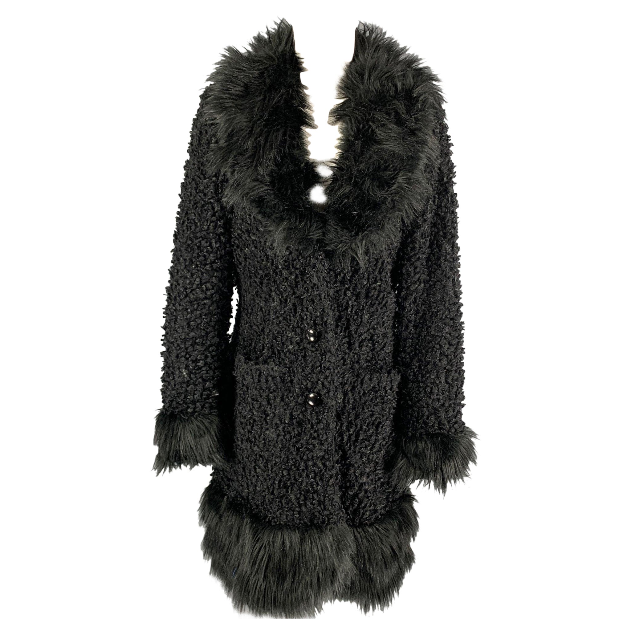 ANNA SUI Size M Black Polyester Textured Faux Fur Coat