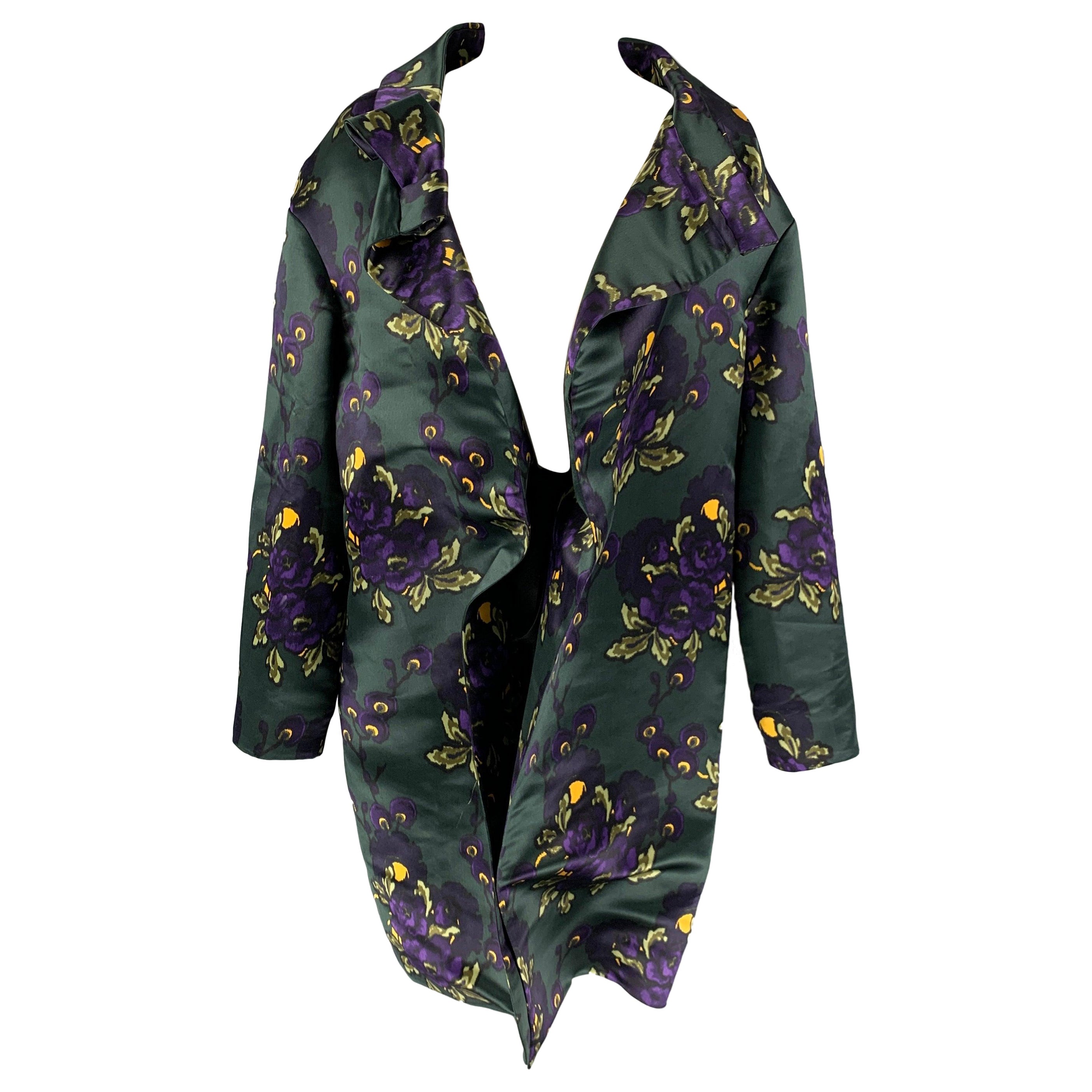 MARNI Size 2 Dark Green Purple Yellow Silk Floral Open Front Coat For Sale