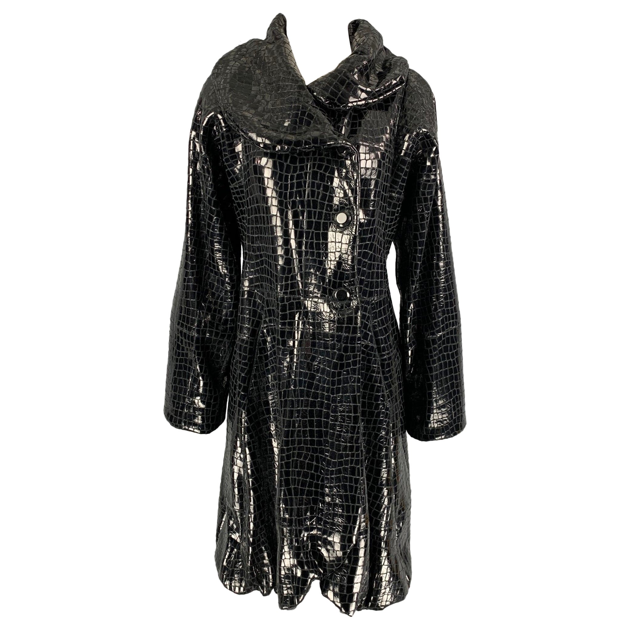 GIORGIO ARMANI Size 8 Black Leather Embossed Rabbit Fur Coat For Sale