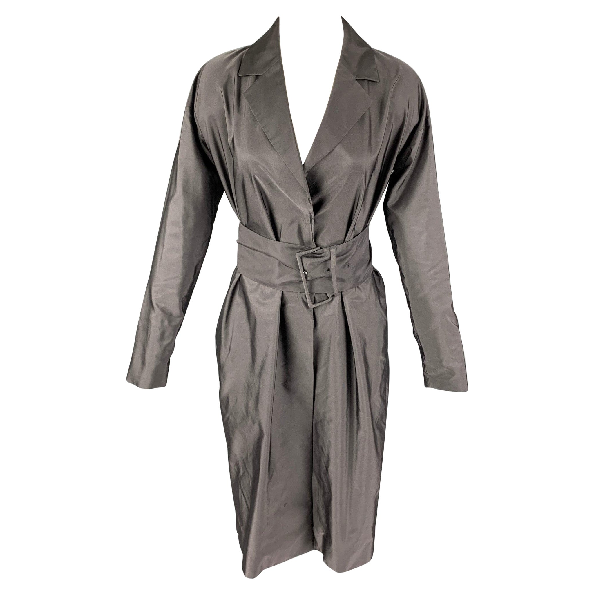 PRADA Size 4 Grey Silk Belted Coat For Sale