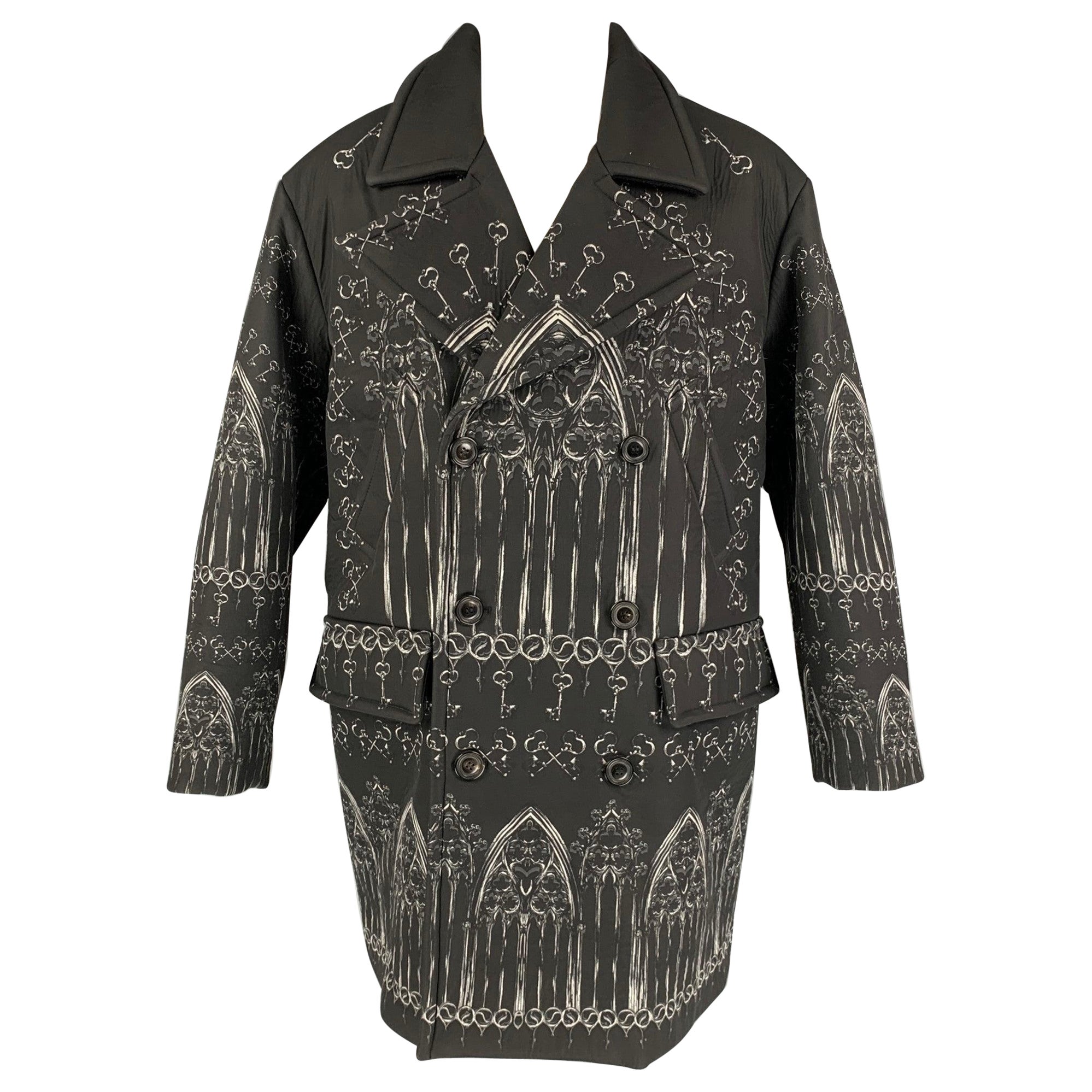 D&G Fall 2014 Norman Kings Size 38 Black Wool Silk Catheral Print Parka Coat For Sale