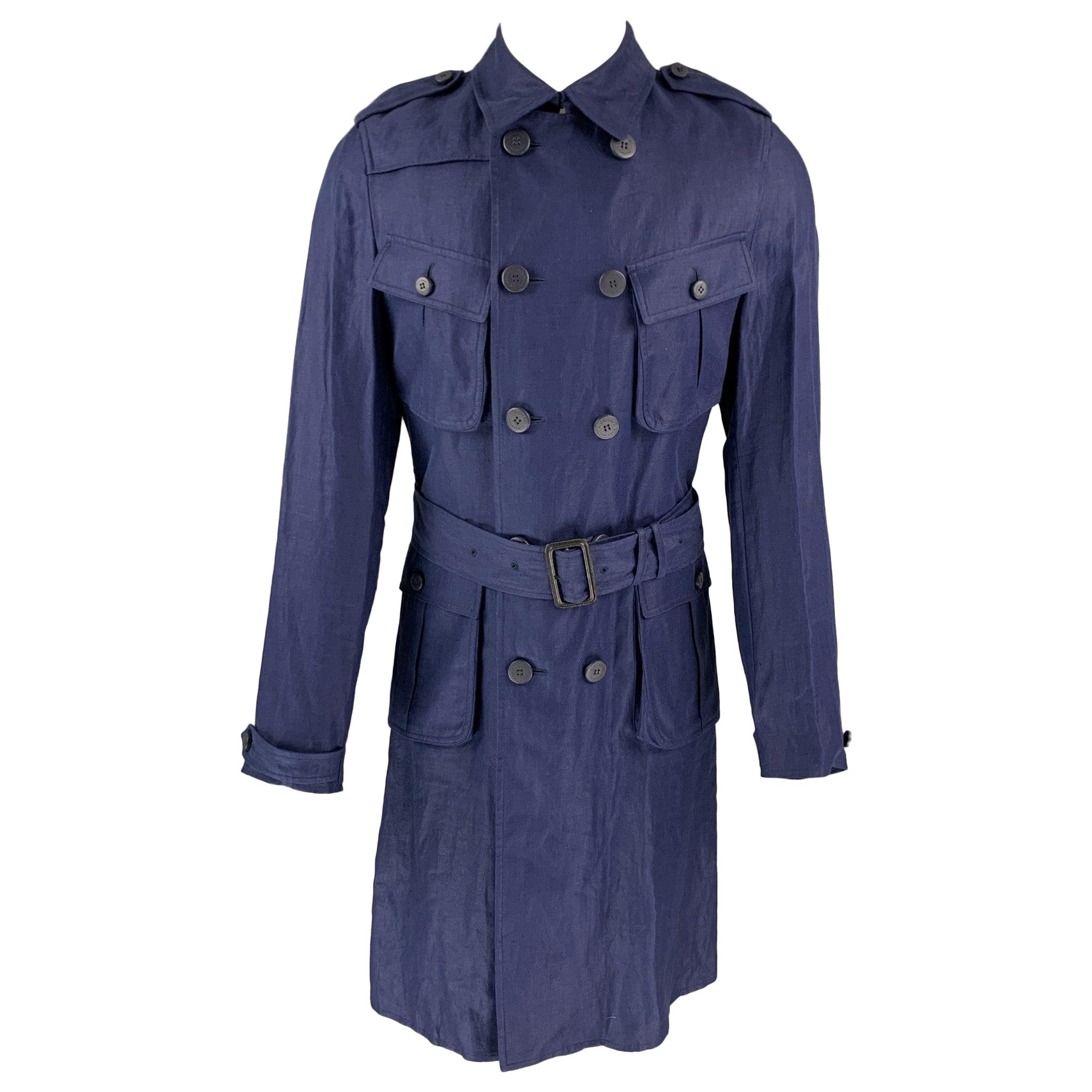 BURBERRY PRORSUM Spring 2015 Size 40 Navy Linen Trench Coat For Sale