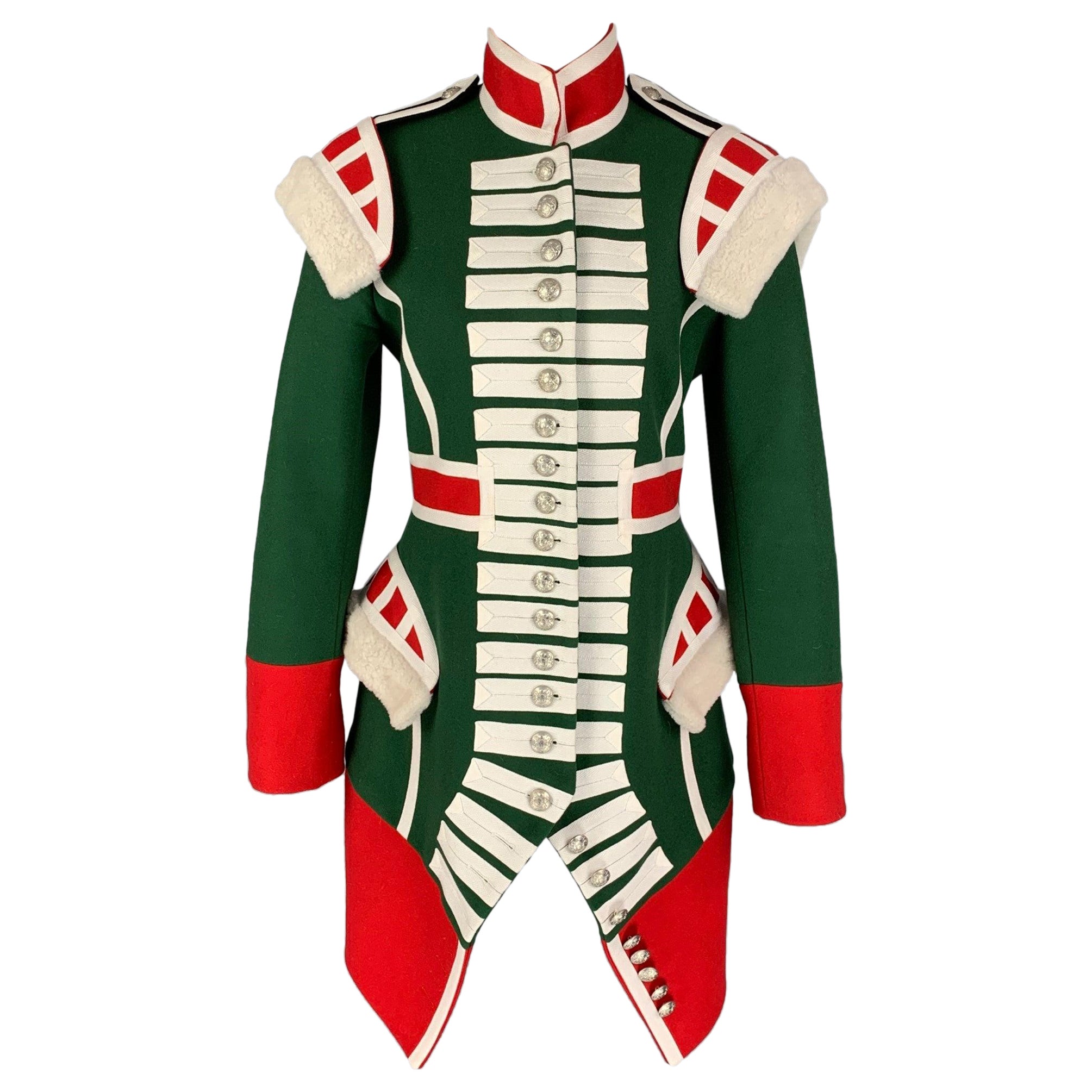 BURBERRY automne 2017 Taille 8 Manteau de cérémonie en laine bordé de peau de mouton rouge et vert en vente