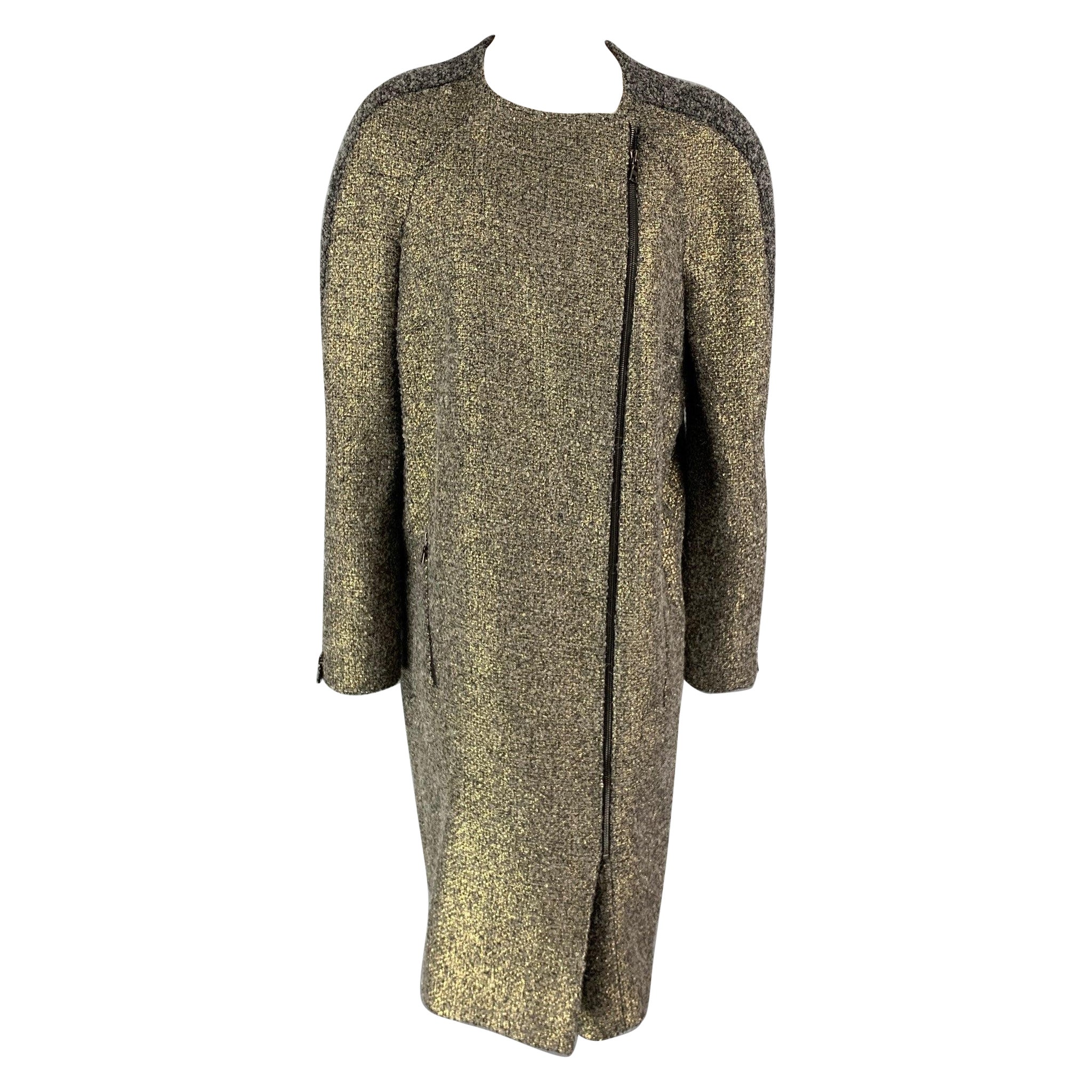 MONIQUE LHUILLIER Size 10 Grey & Gold Acrylic Blend Tweed Coat For Sale