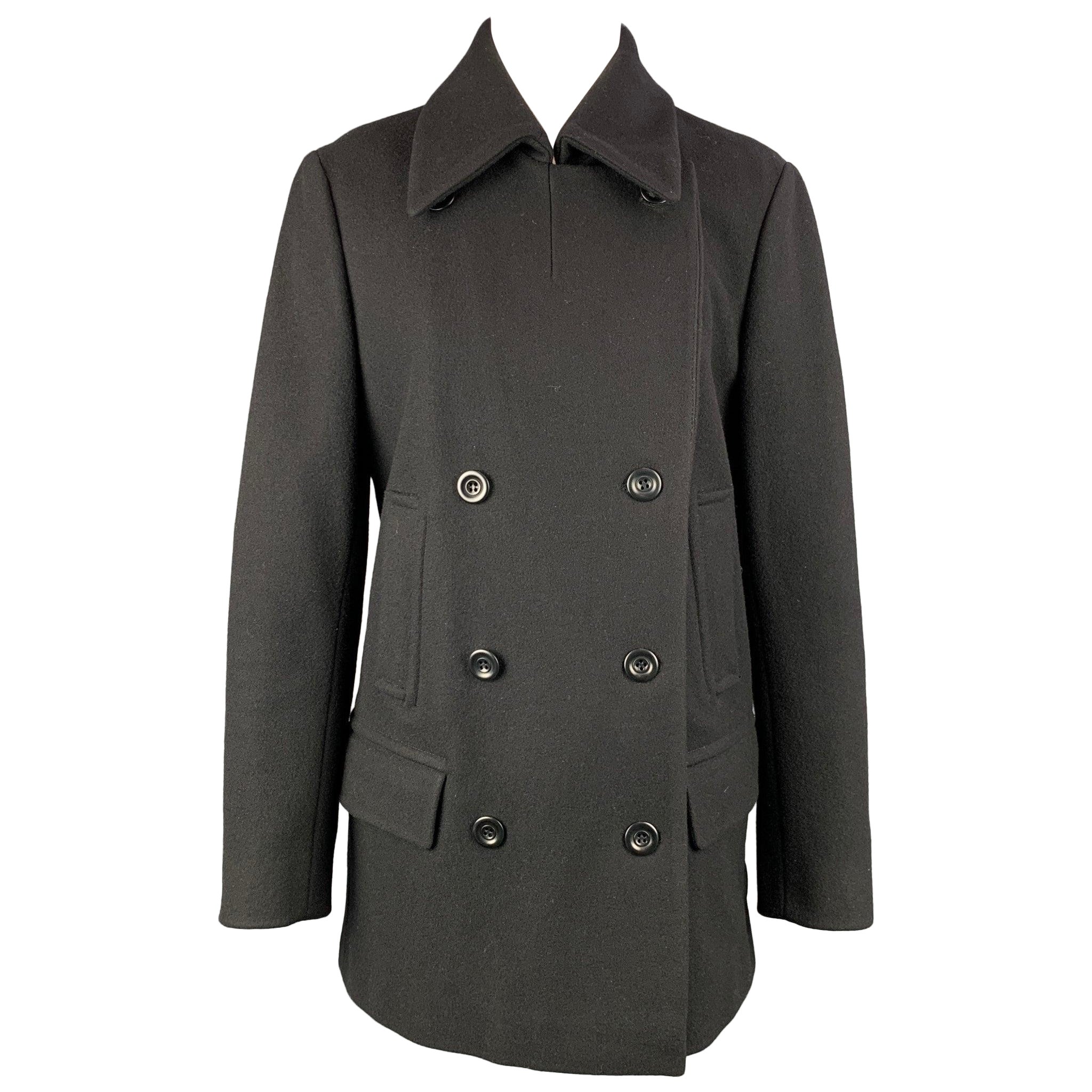 DRIES VAN NOTEN Size L Black Wool Blend Double Breasted Coat For Sale
