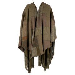 Used RALPH LAUREN 2016 Carlotta Olive Brown Wool Suede Fringe Patchwork Poncho