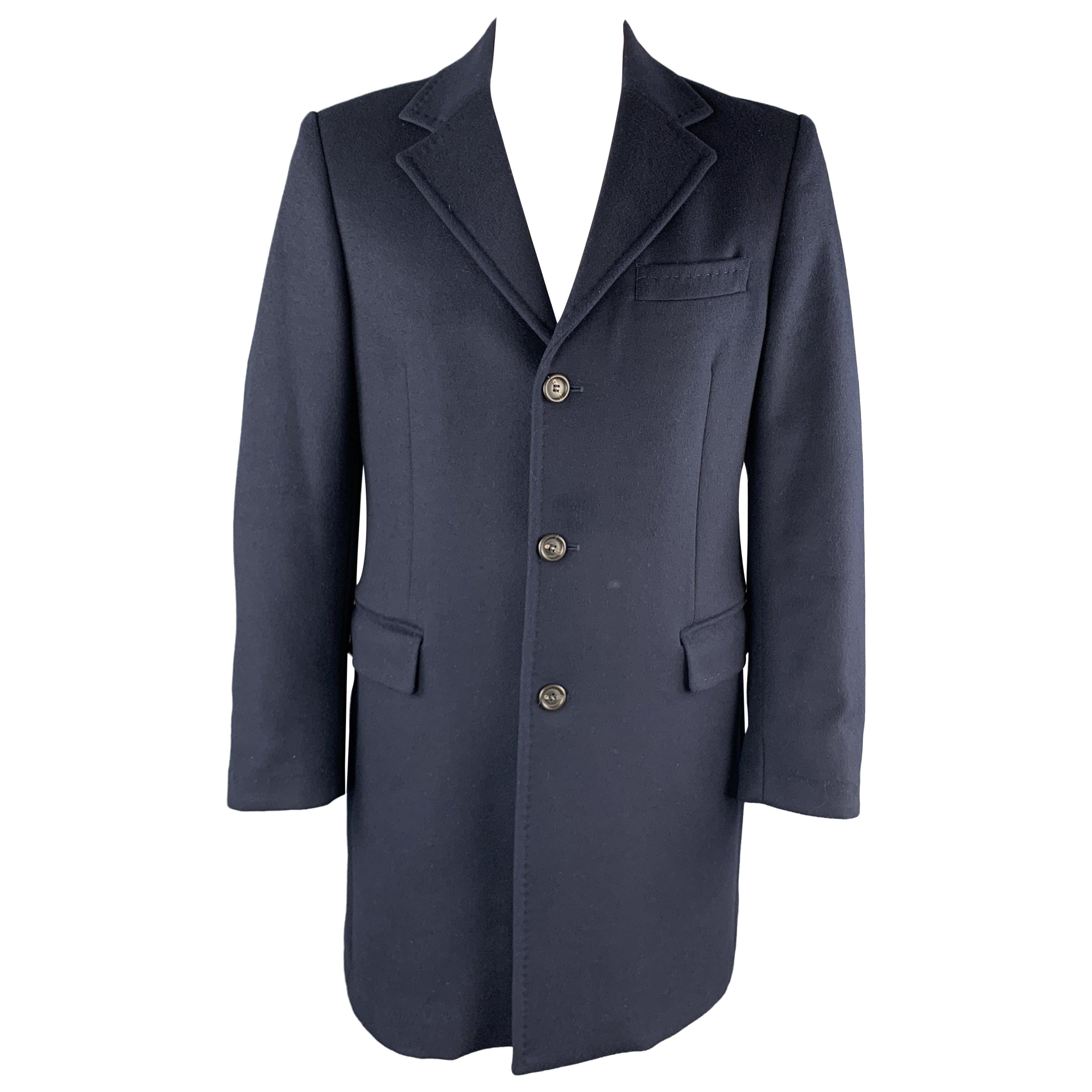 BENETTON Size L Navy Wool Blend Notch Lapel  Long Coat For Sale