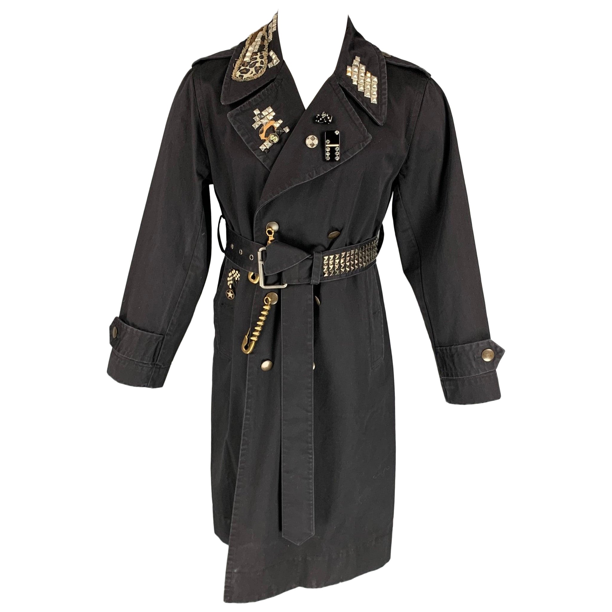 MARC JACOBS Size M Black Studded Cotton Belted Trenchcoat For Sale