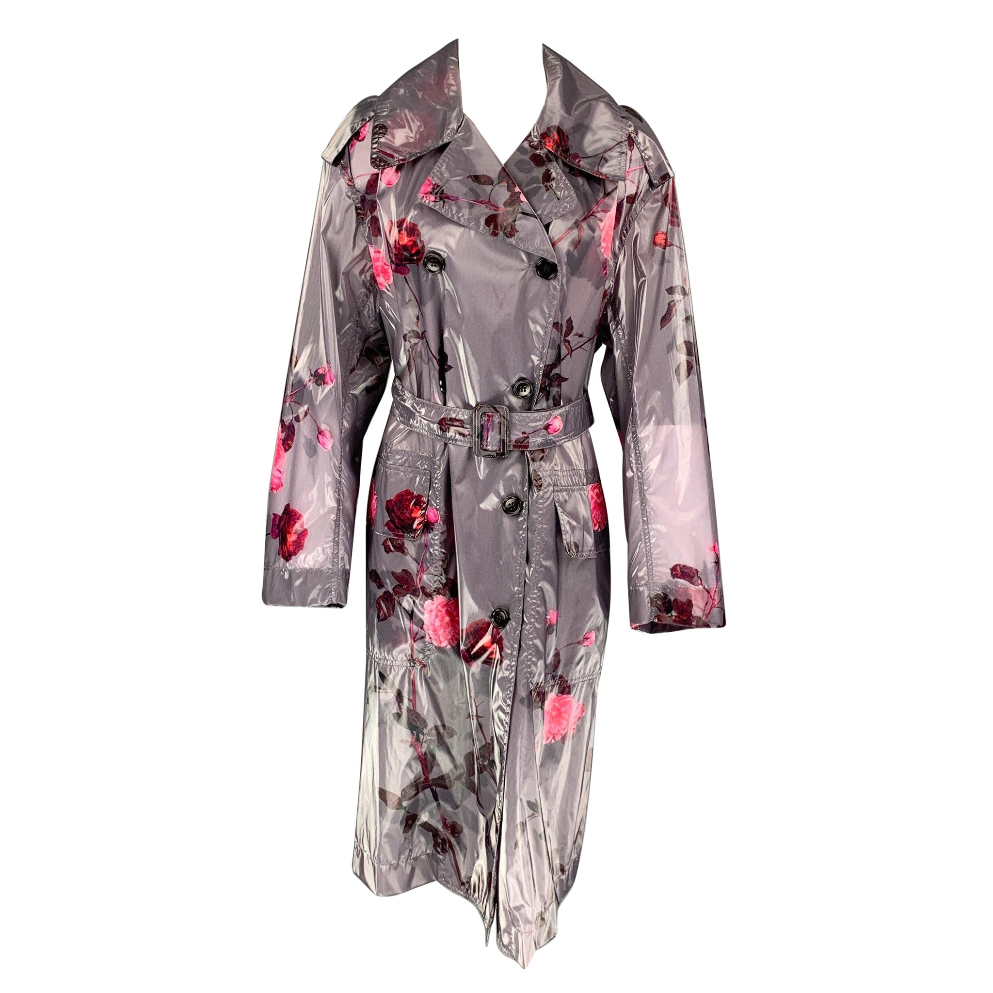 DRIES VAN NOTEN Size XS Grey & Pink Floral Polyurethane Bend Belted Trench Coat For Sale