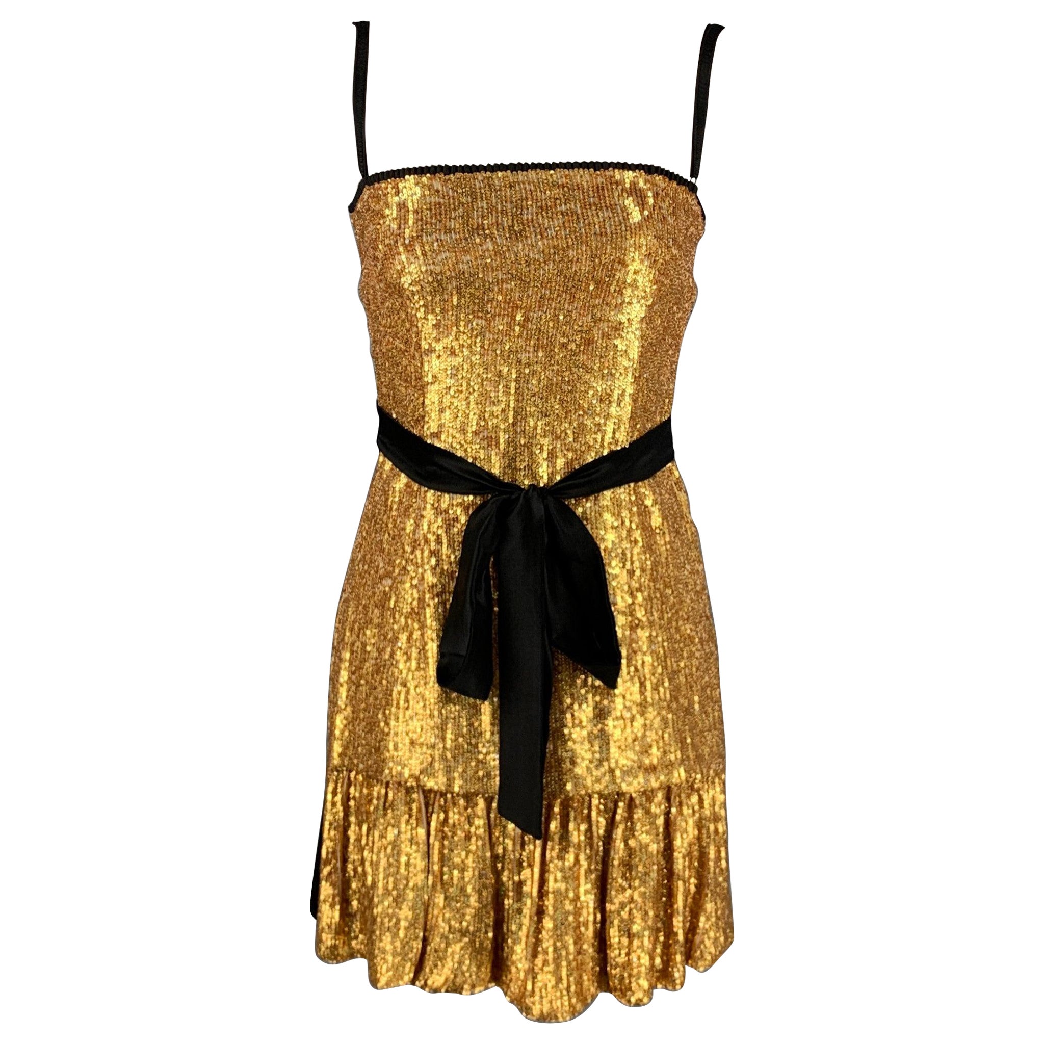 DOLCE & GABBANA Size 4 Gold Black Polyester Blend Sequined Cocktail Dress For Sale
