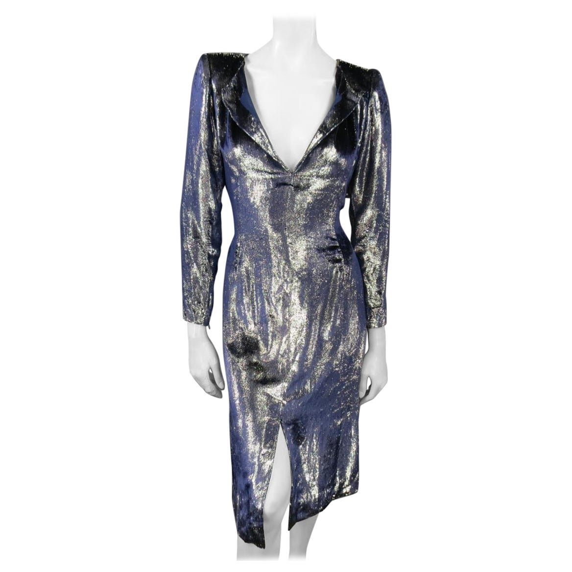 JEAN-LOUIS SCHERRER 2 Silver & Navy Metallic Velvet Long Sleeve Sheath Dress For Sale