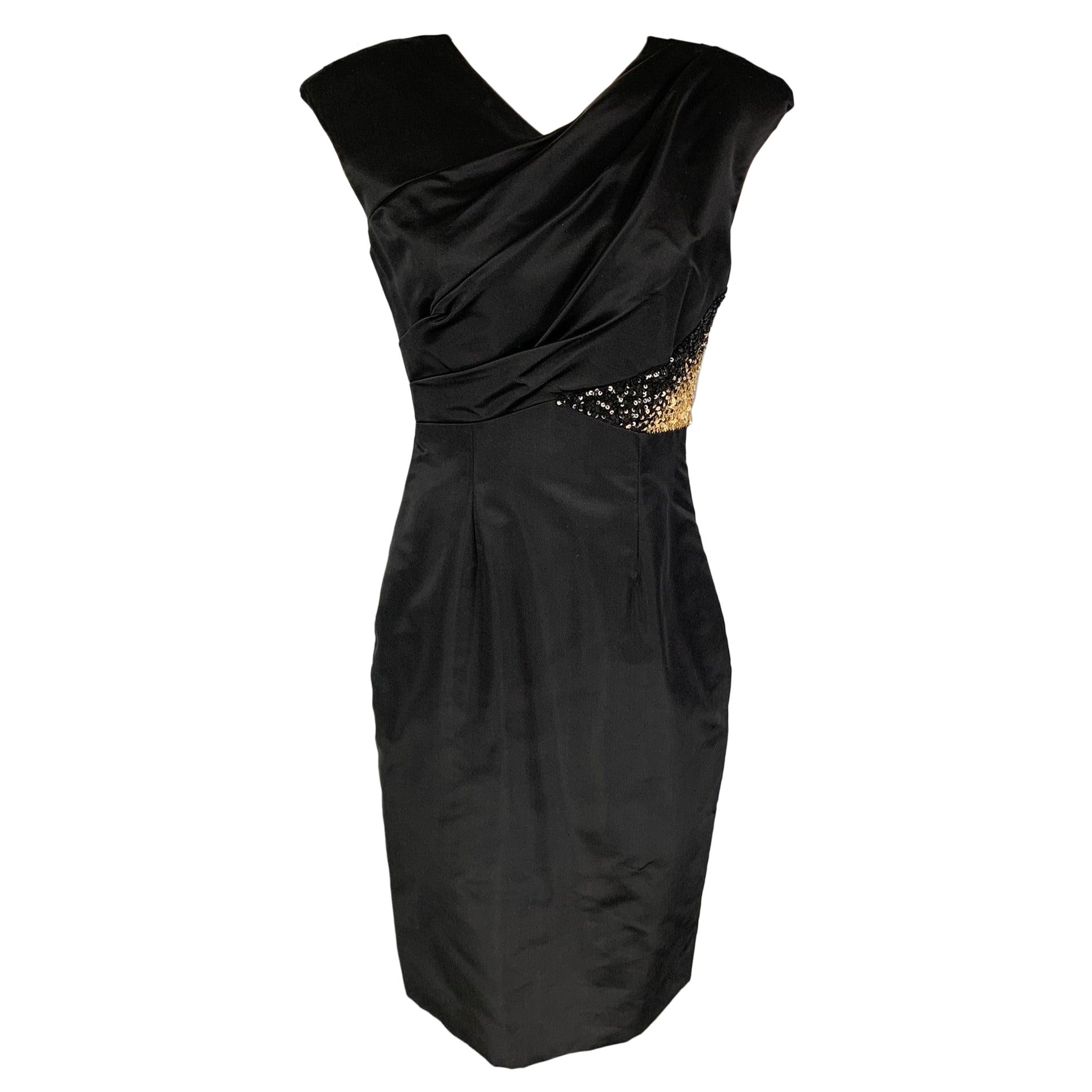 MONIQUE LHUILLIER Size 4 Black Gold Silk Rayon Sequined Cocktail Dress For Sale