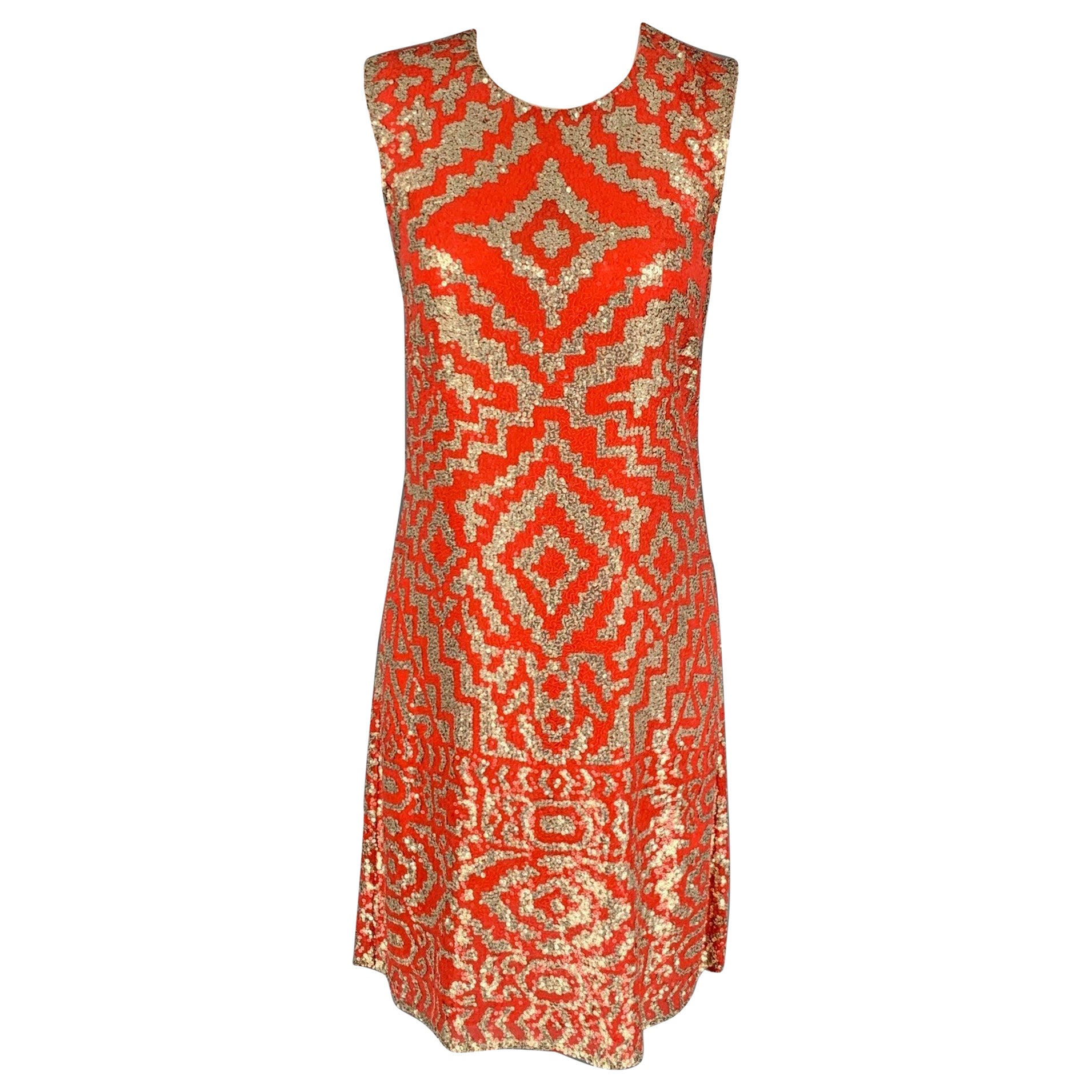 NAEEM KHAN Size M Orange Silver Geometric Sleeveless Cocktail Dress For Sale