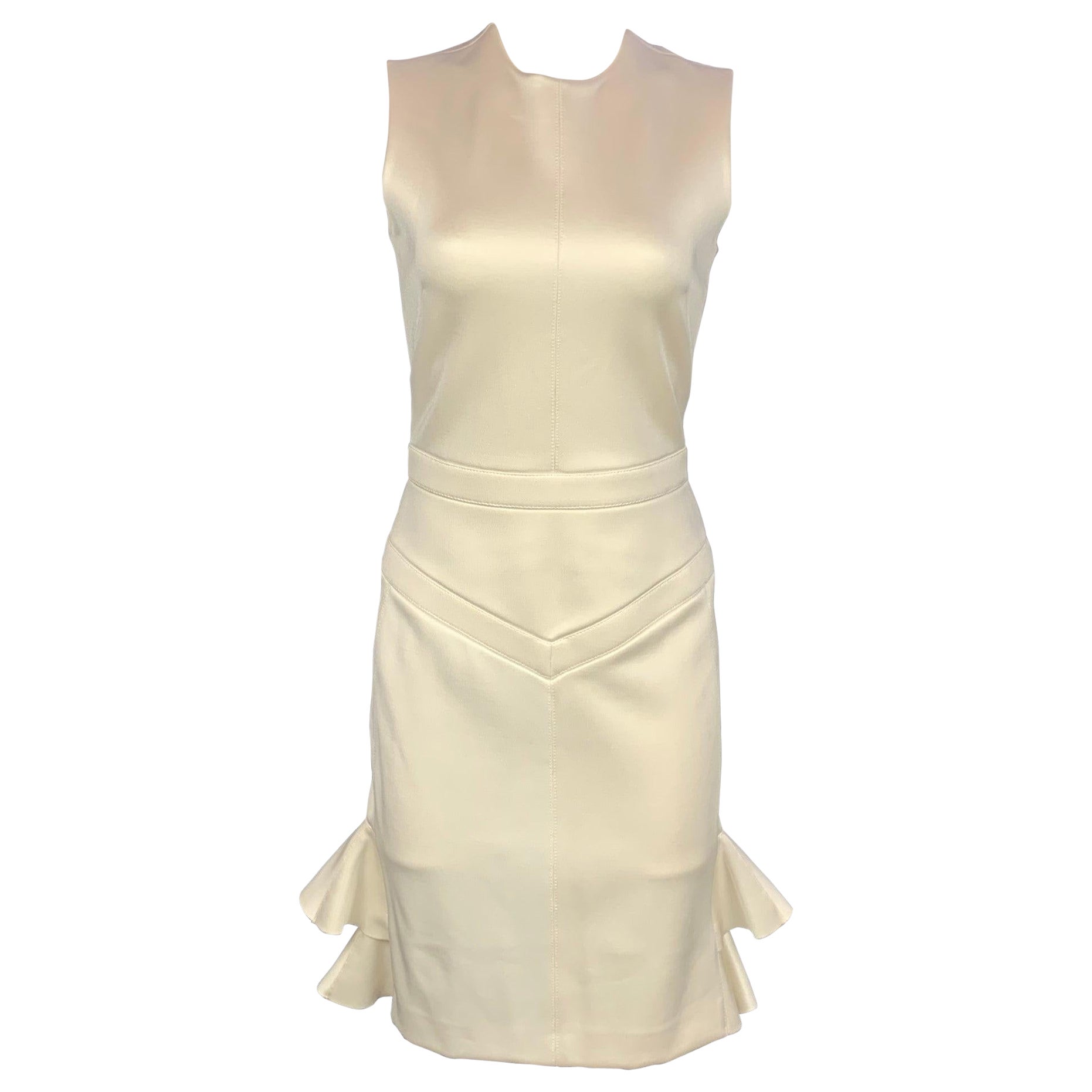 LOUIS VUITTON Talla S Beige Crudo Mezcla de Lana Vestido de Cóctel Ajustado con Volantes