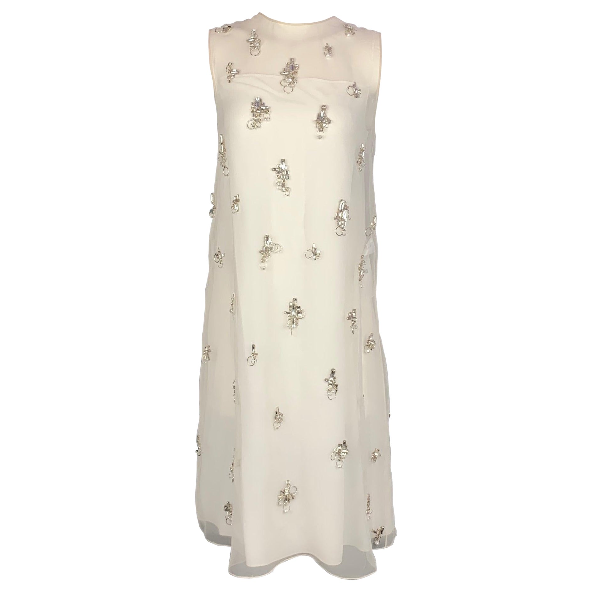 GIVENCHY SS 2021 Size 4 Cream Polyester Crystal Embellished Organza Shift Dress For Sale