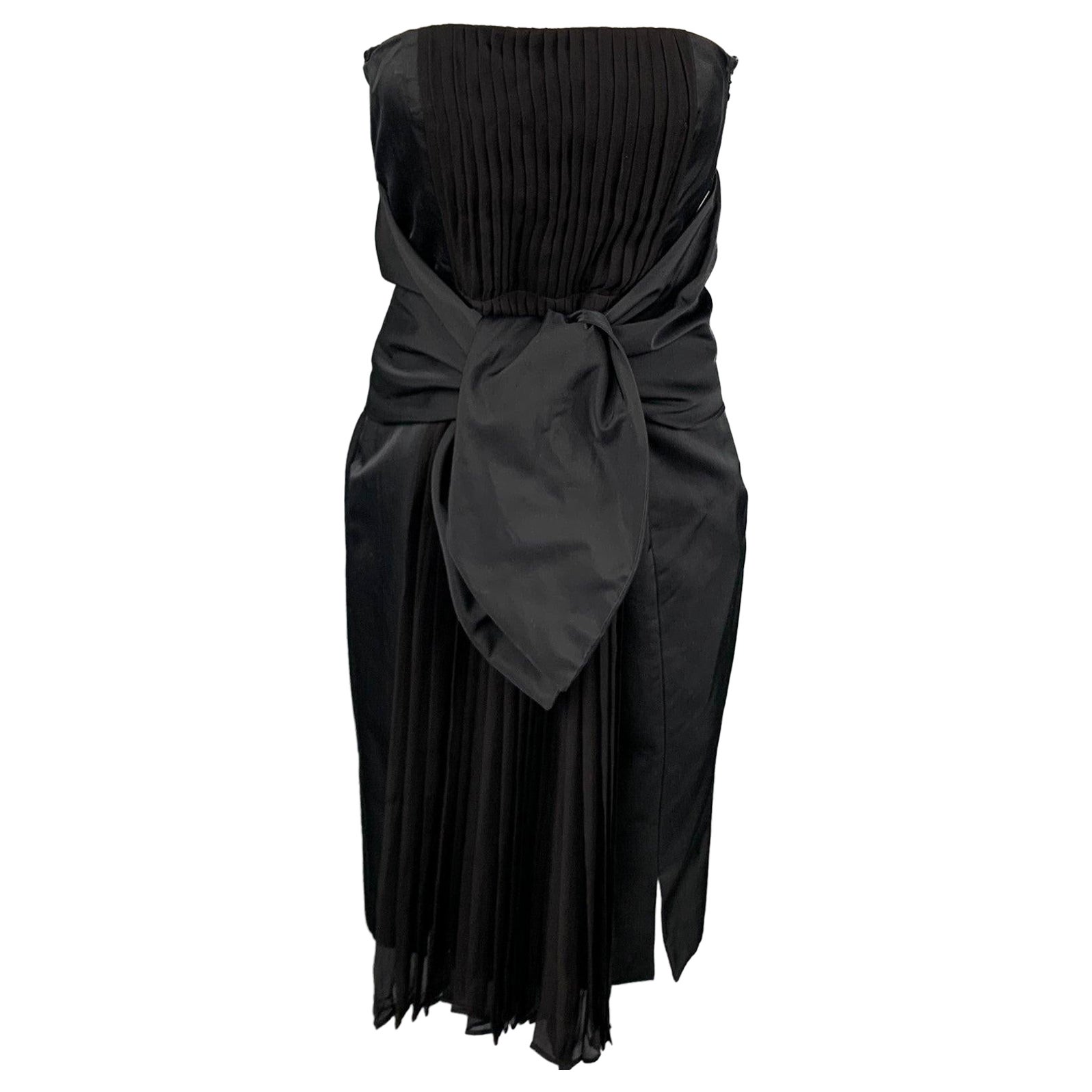 GIAMBATTISTA VALLI Size 6 Black Pleated Cotton/Silk Waist Tie Cocktail Dress For Sale