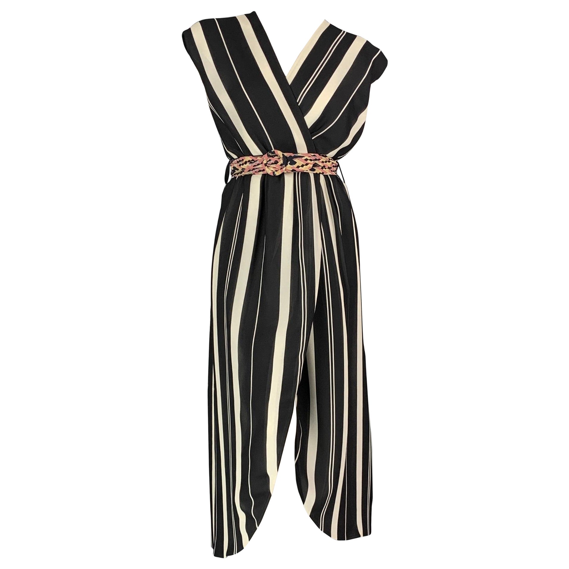LOUIS VUITTON Size 4 Black & White Stripe Silk Sleeveless Wrap Dress For Sale