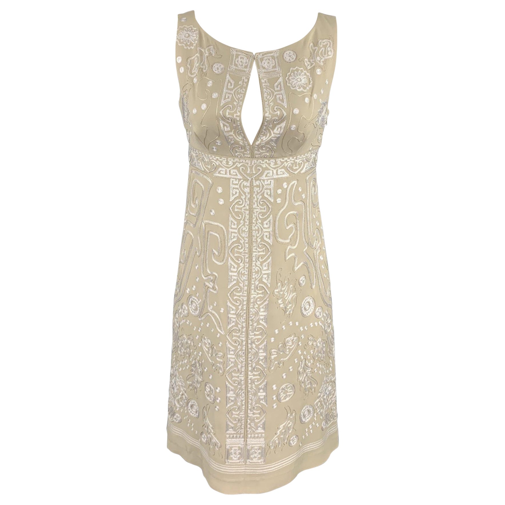 CHRISTIAN LACROIX Size 4 Beige Embroidered Silk Cocktail Shift Dress For Sale