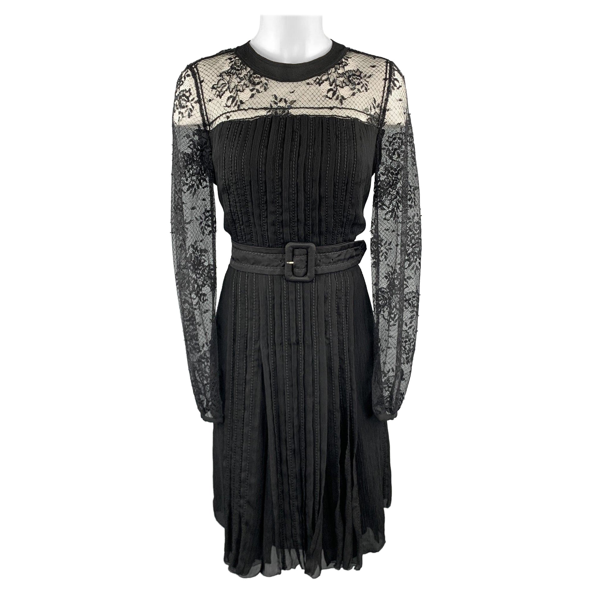 PRADA Size 10 Black Pleated Silk Lace Top Long Sleeve Cocktail Dress For Sale