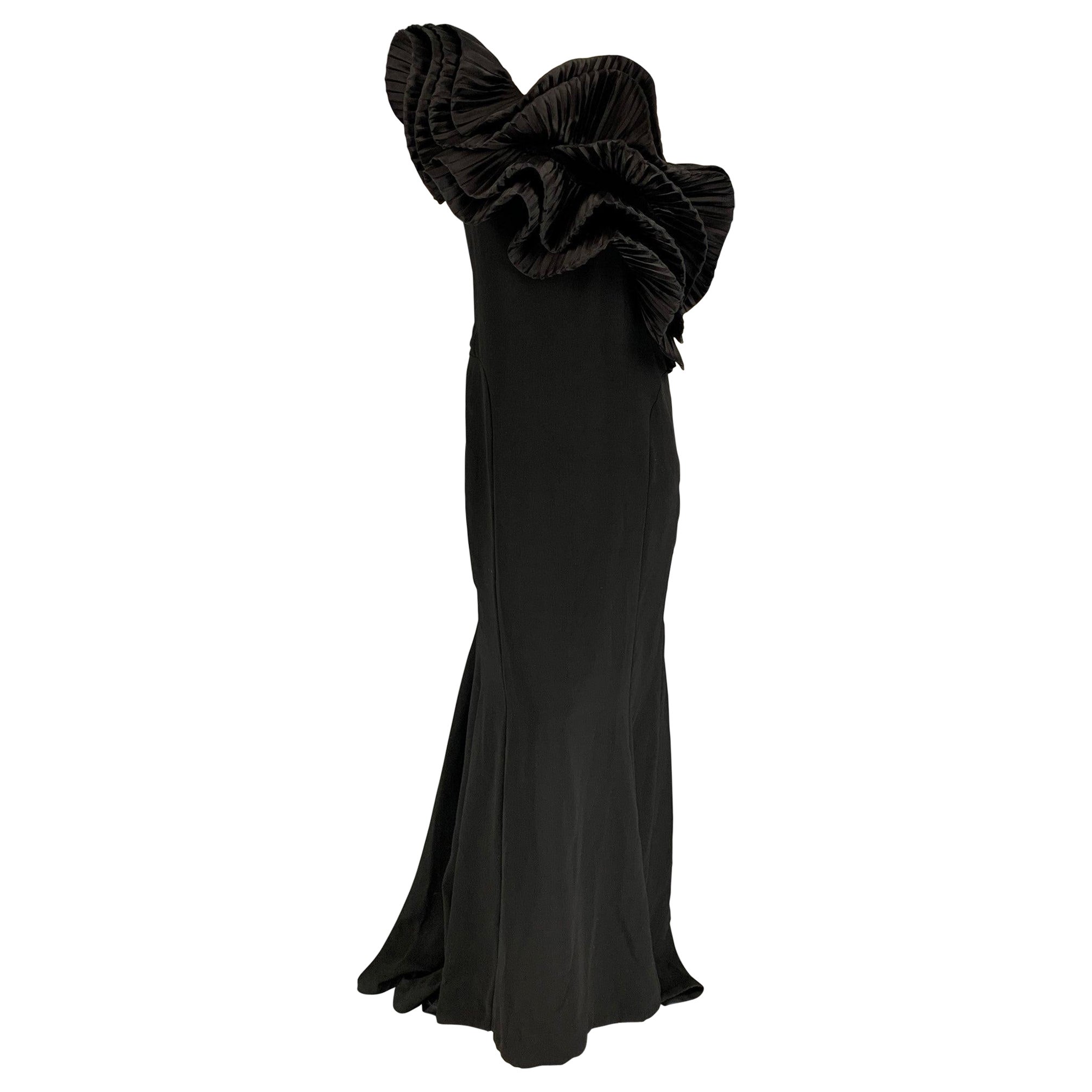 MARCHESA Size M Black Wool Ruffled One Shoulder Gown Dress For Sale